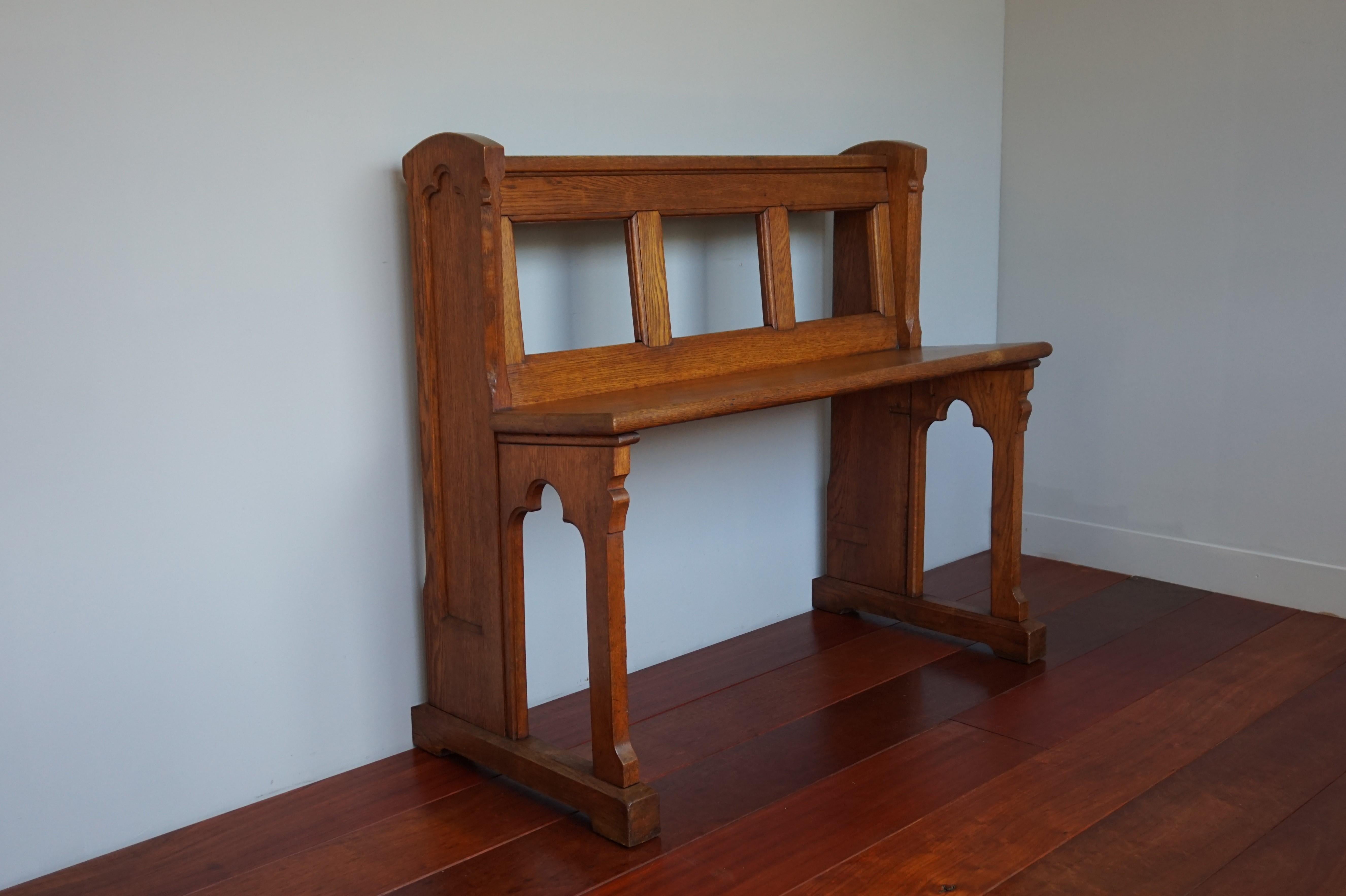 Antique Gothic Revival, Hand Carved Solid Oak, Open Design Church Hall Bench For Sale 9