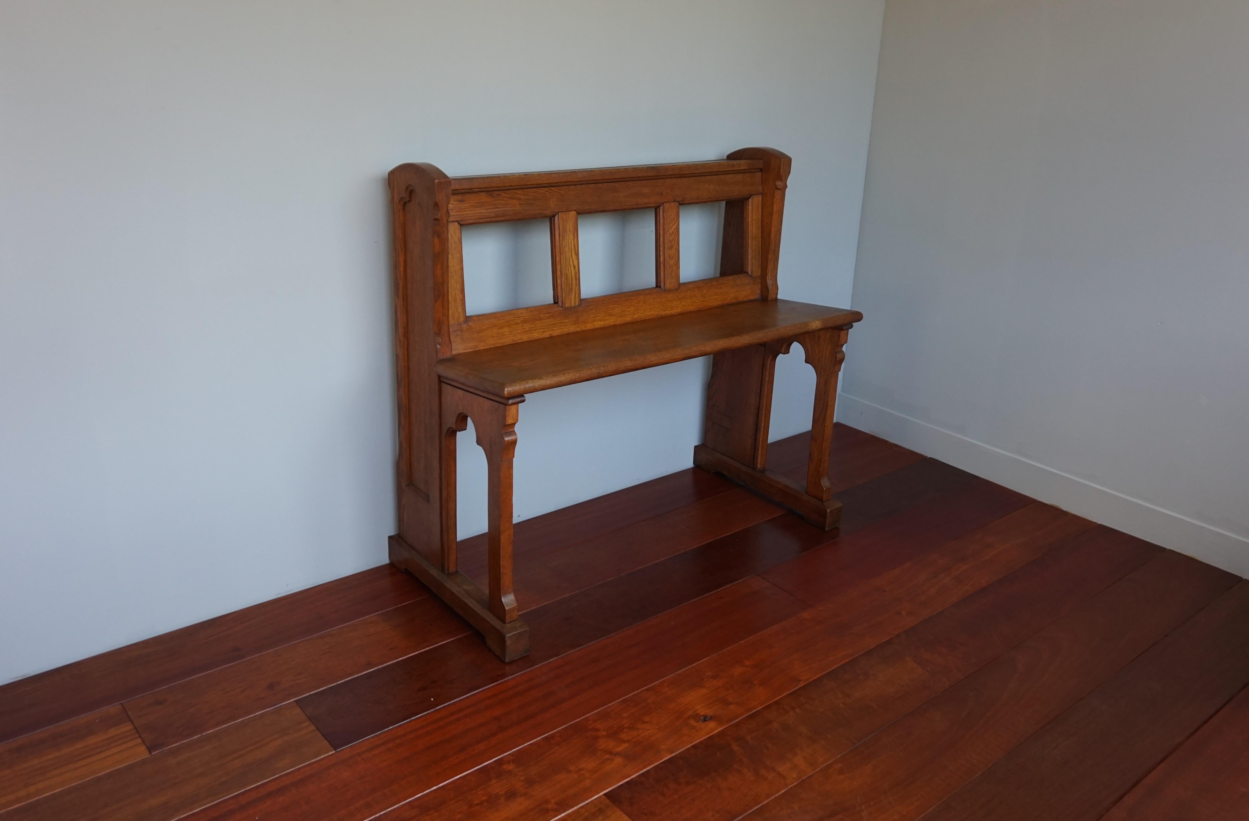 Antique Gothic Revival, Hand Carved Solid Oak, Open Design Church Hall Bench For Sale 10