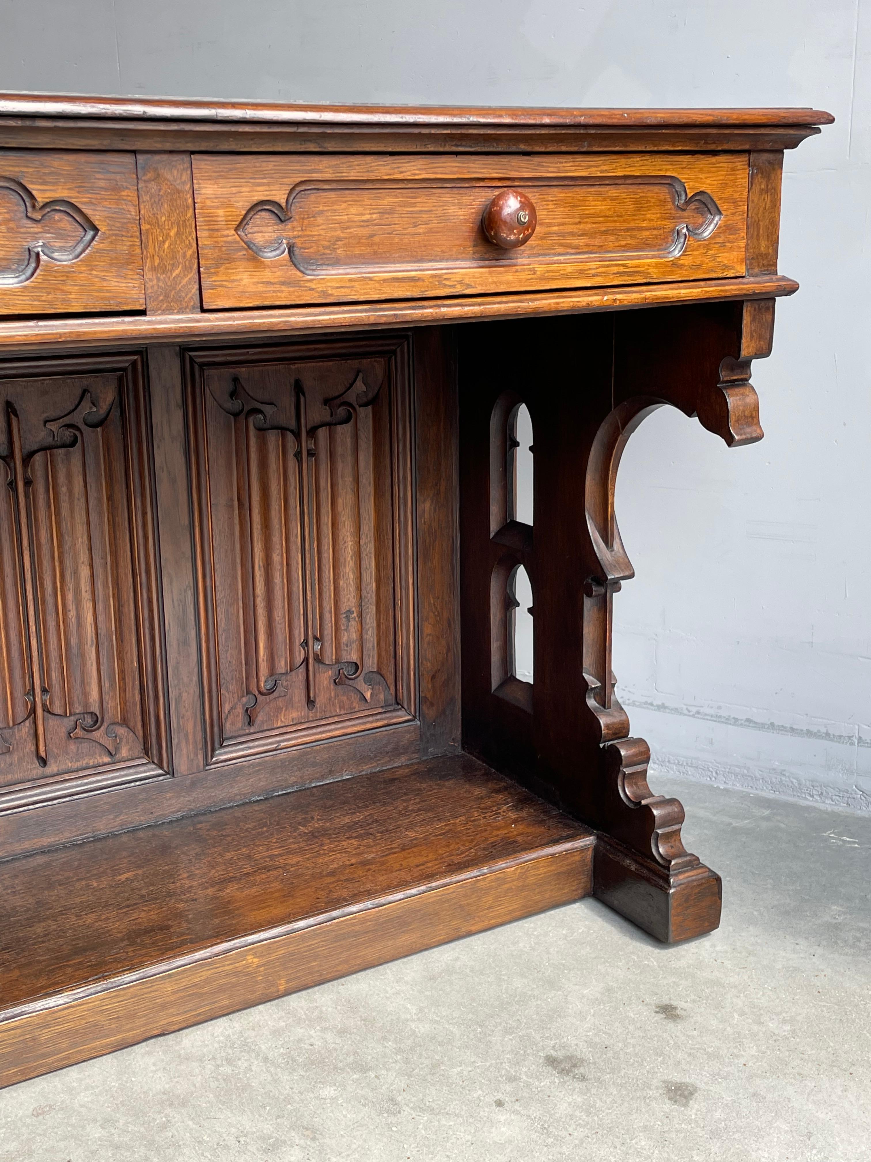 Antique Gothic Revival Hand Carved Solid Oak Side Table / Ladies Desk W. Drawers For Sale 3