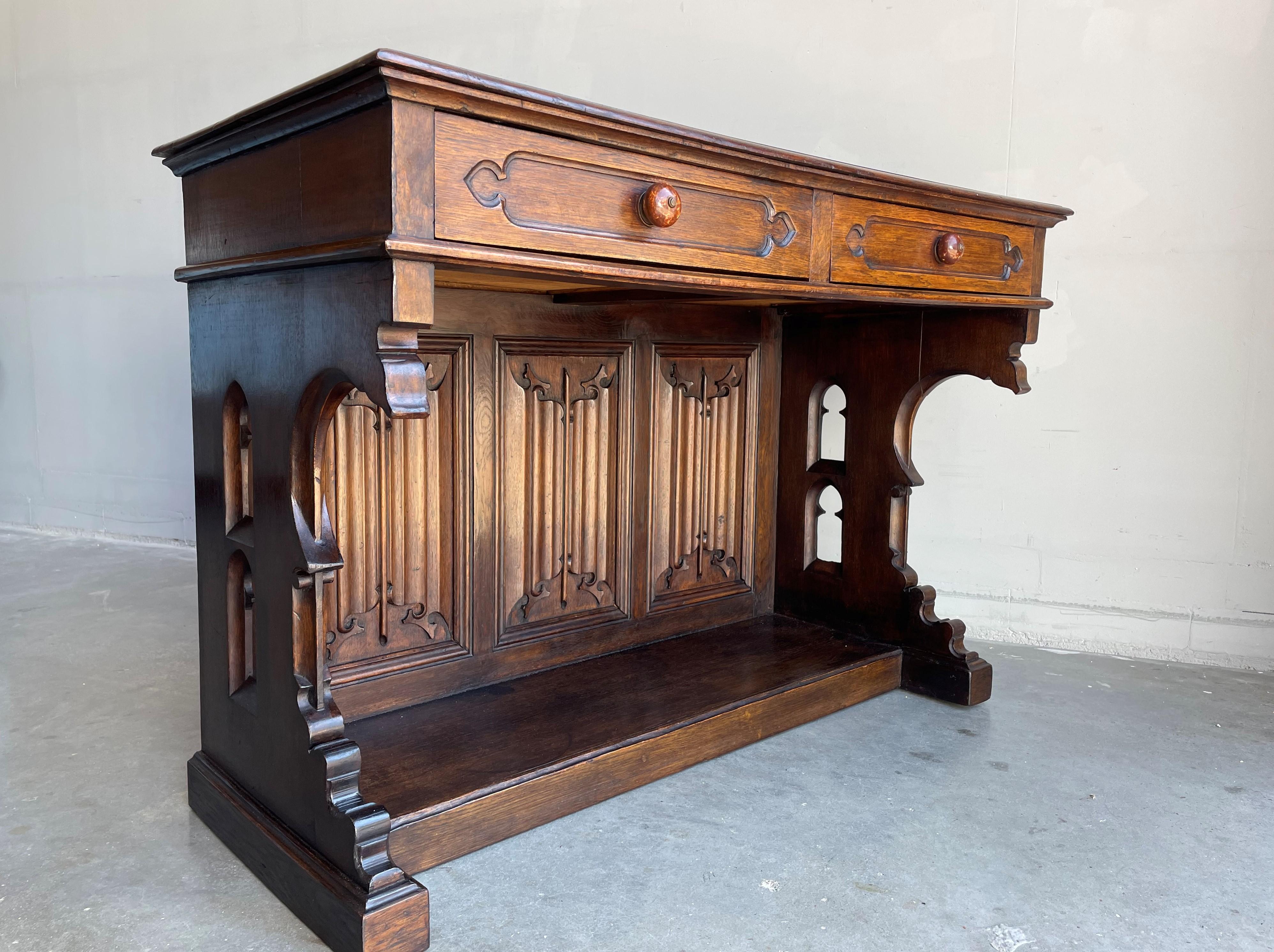 Antique Gothic Revival Hand Carved Solid Oak Side Table / Ladies Desk W. Drawers For Sale 4