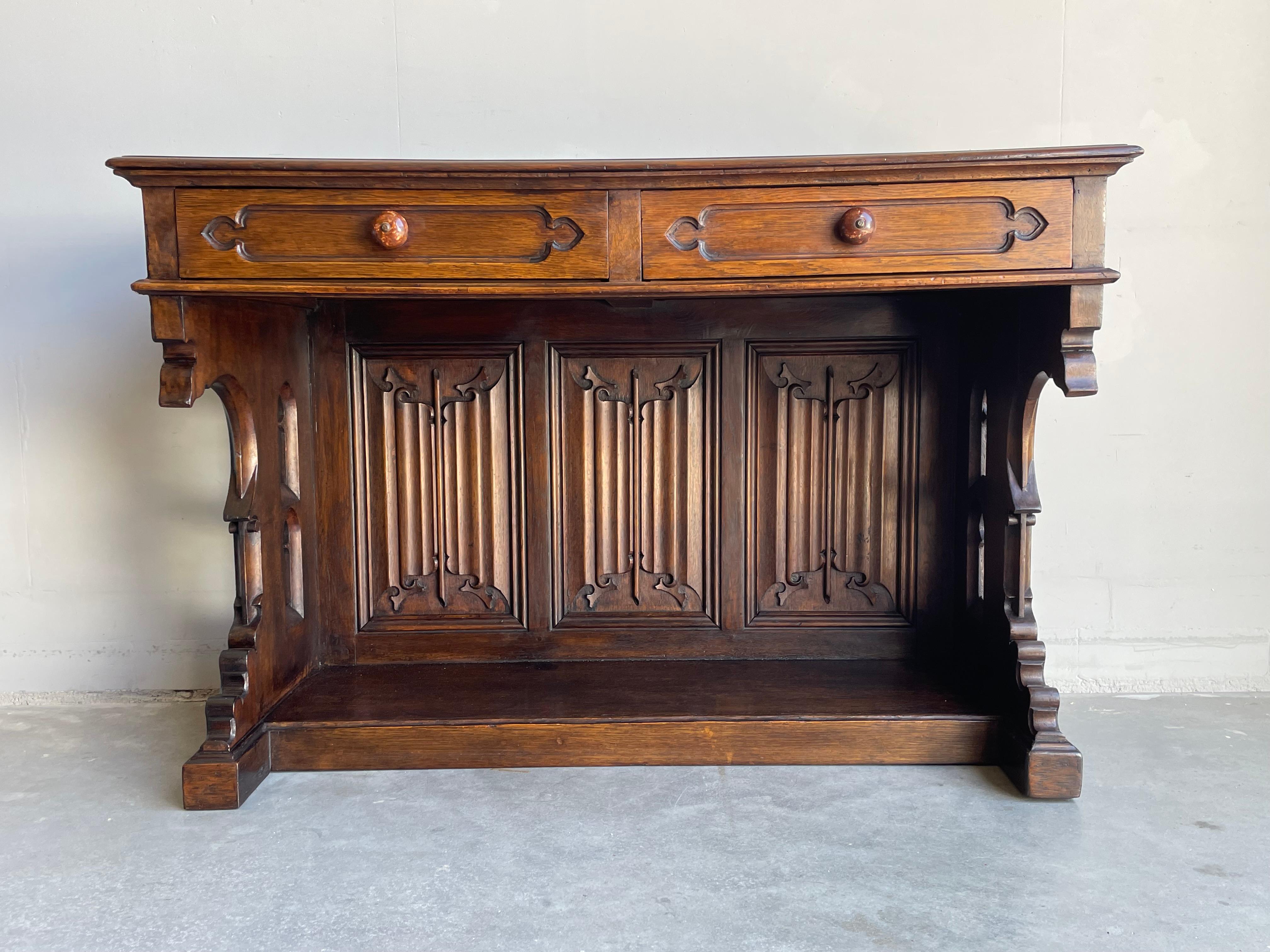 Antique Gothic Revival Hand Carved Solid Oak Side Table / Ladies Desk W. Drawers 8
