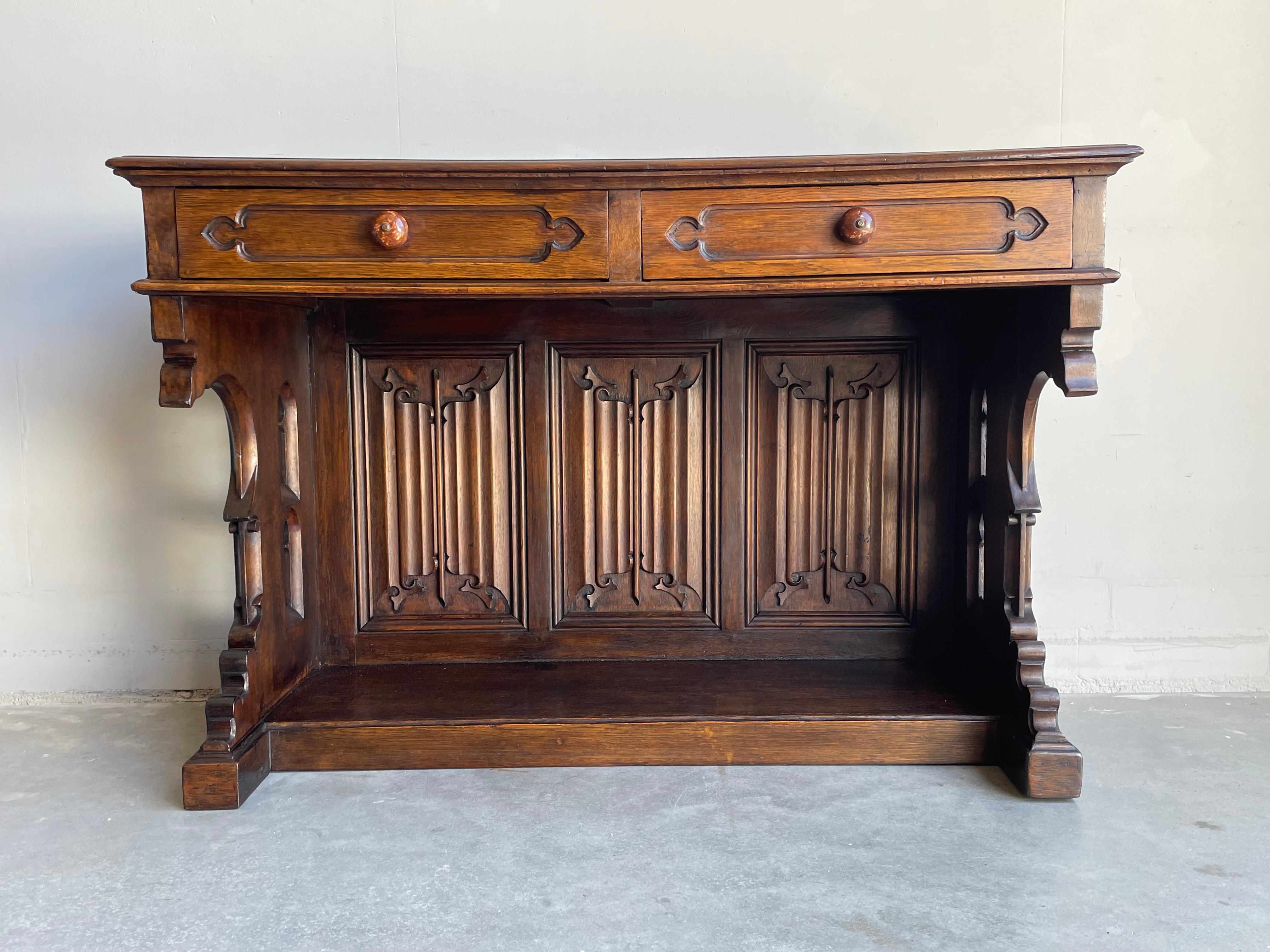 Antique Gothic Revival Hand Carved Solid Oak Side Table / Ladies Desk W. Drawers For Sale 8