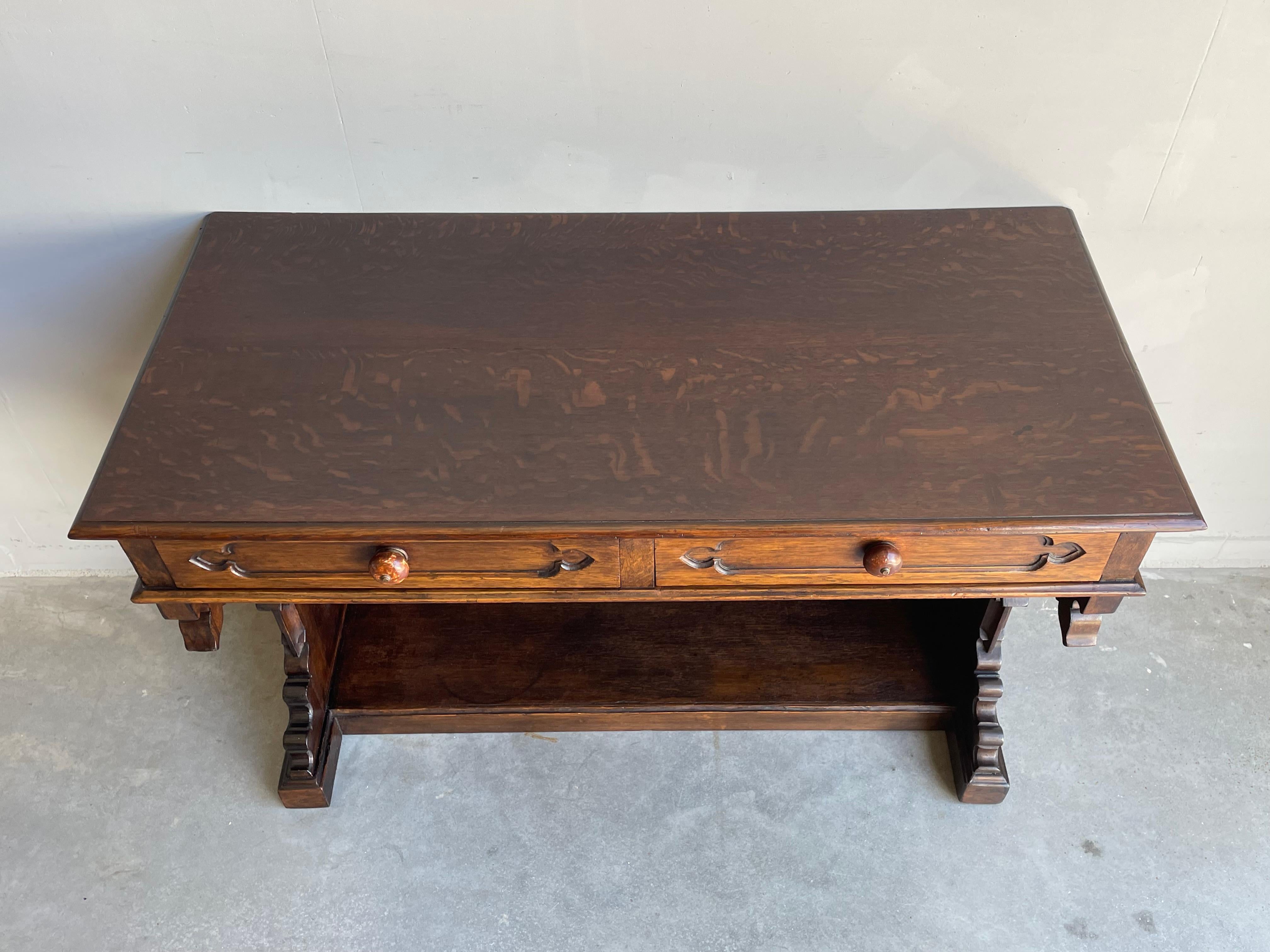 Antique Gothic Revival Hand Carved Solid Oak Side Table / Ladies Desk W. Drawers For Sale 9