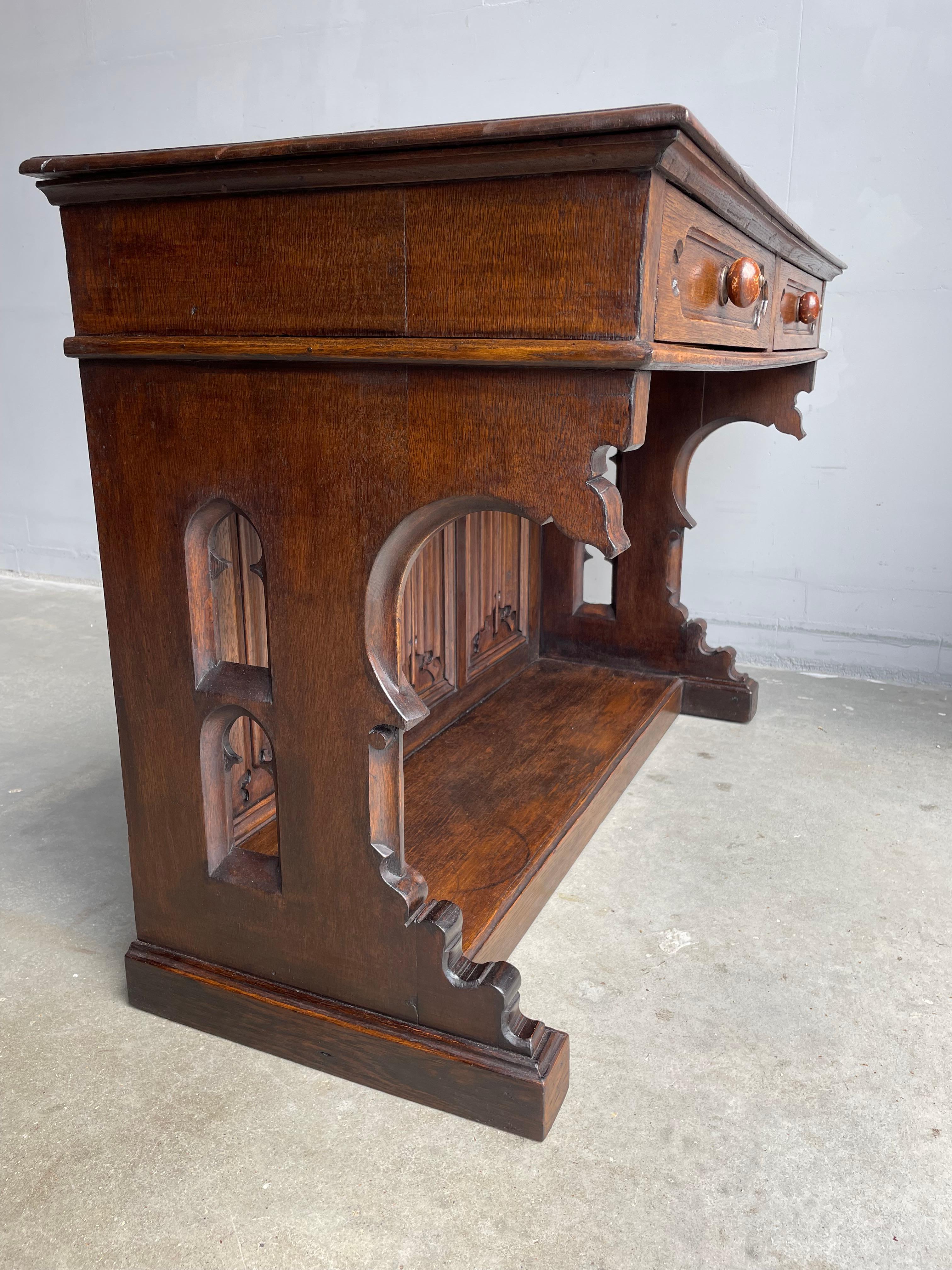 Dutch Antique Gothic Revival Hand Carved Solid Oak Side Table / Ladies Desk W. Drawers For Sale
