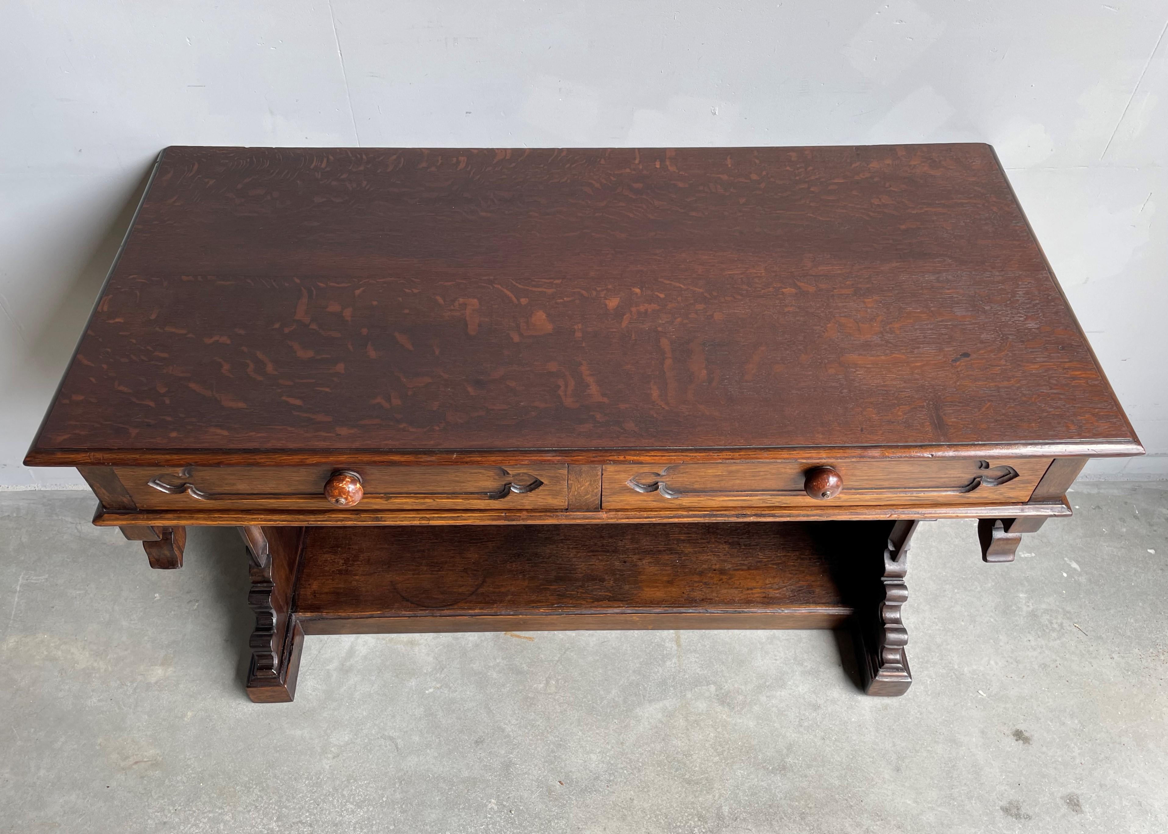 Brass Antique Gothic Revival Hand Carved Solid Oak Side Table / Ladies Desk W. Drawers For Sale
