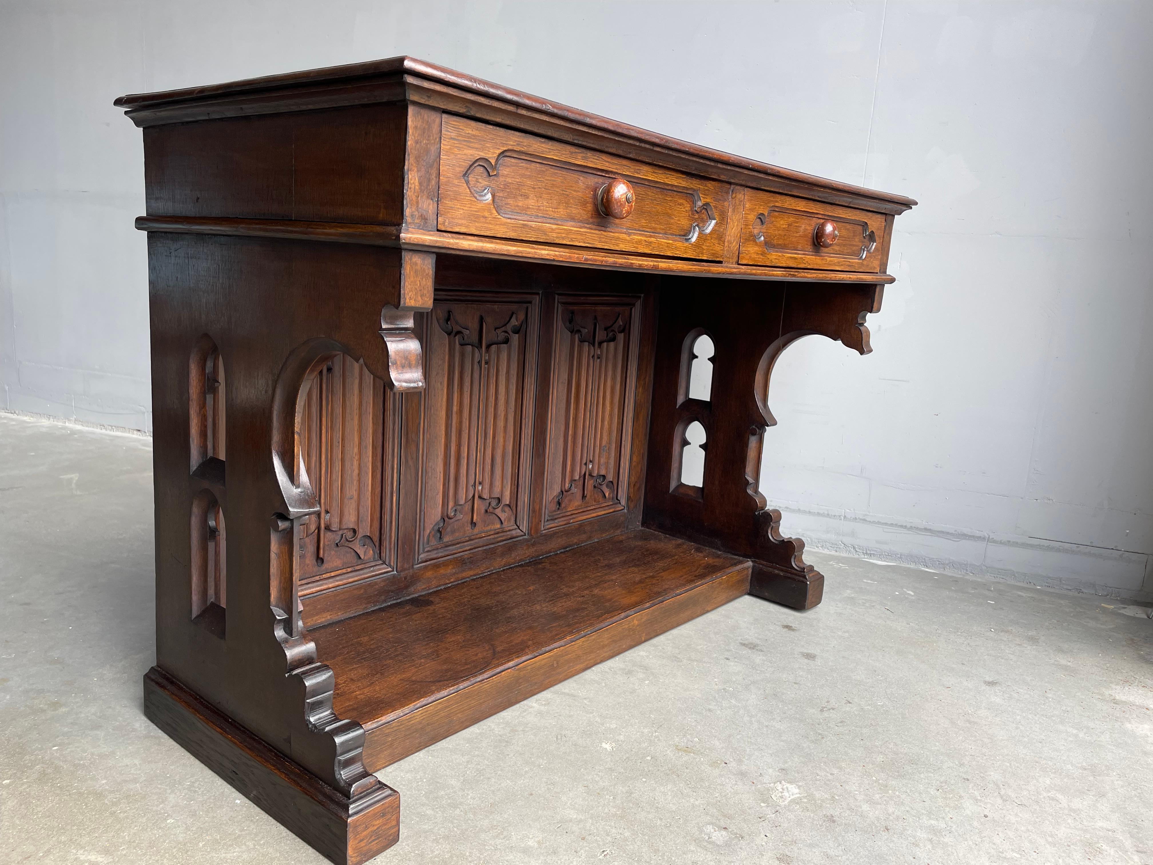 Antique Gothic Revival Hand Carved Solid Oak Side Table / Ladies Desk W. Drawers For Sale 1