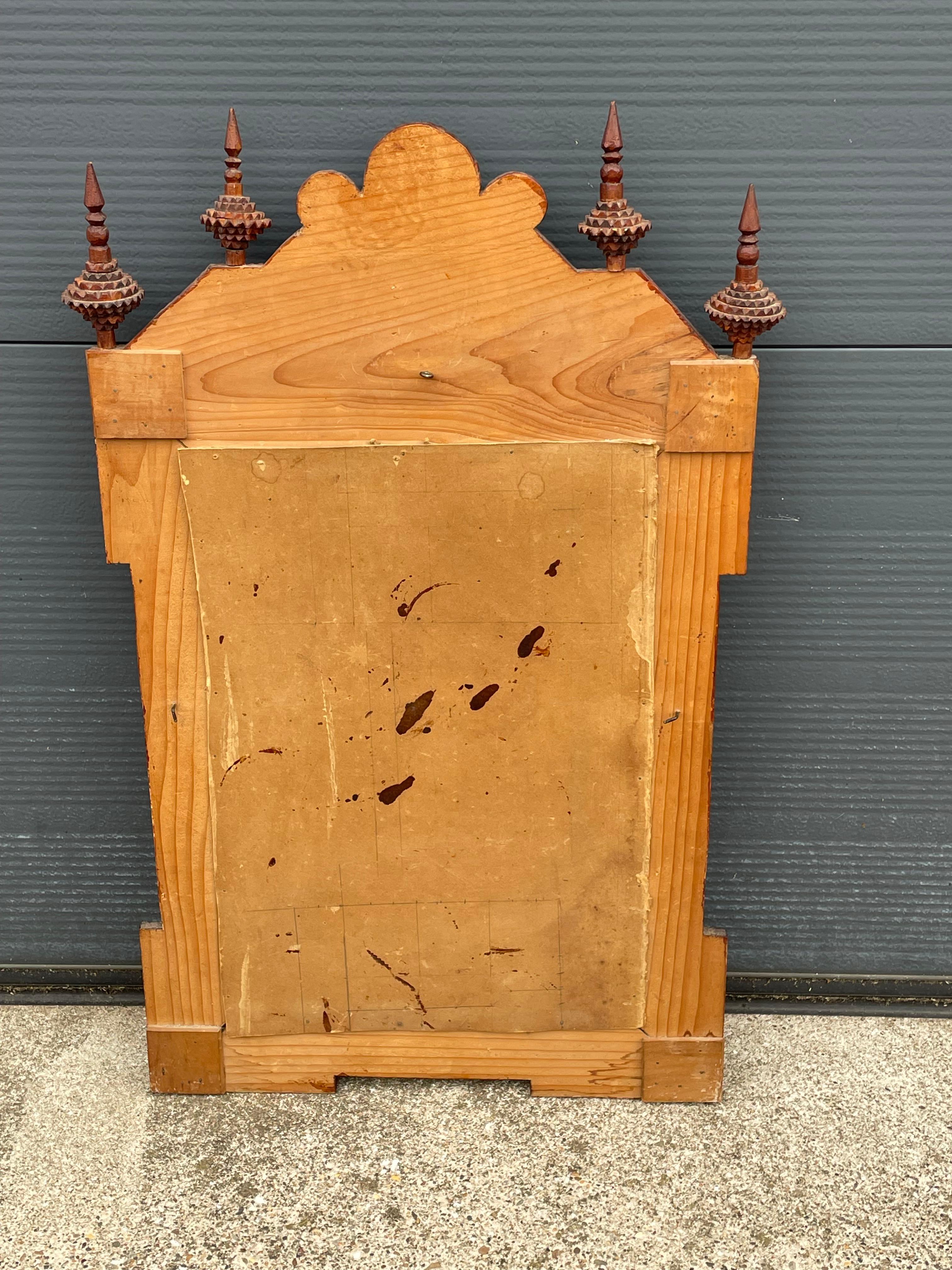 Antique Gothic Revival Hand Carved Wooden & Beveled Glass Tramp Art Wall Mirror 4