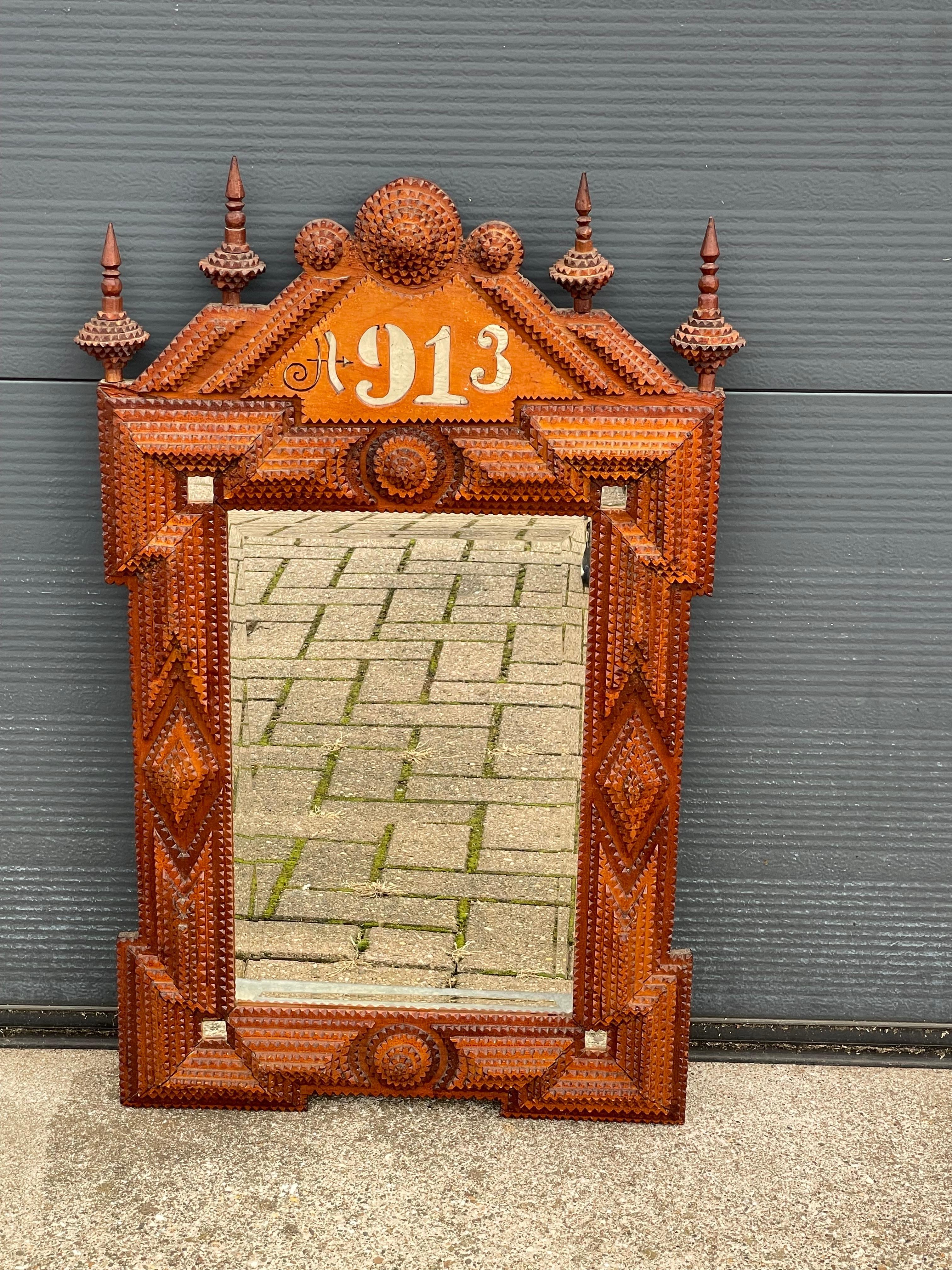 Antique Gothic Revival Hand Carved Wooden & Beveled Glass Tramp Art Wall Mirror 6