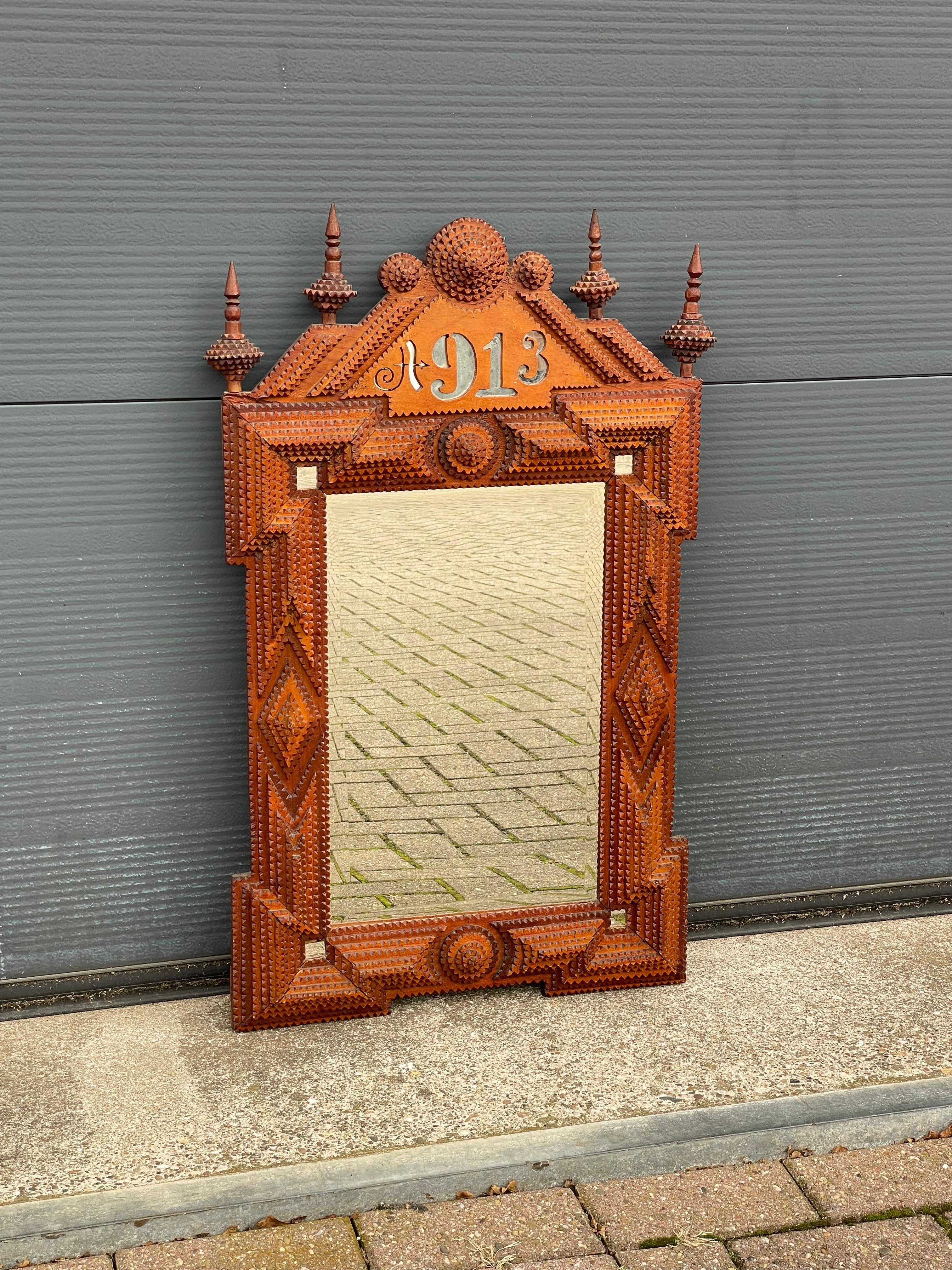 Antique Gothic Revival Hand Carved Wooden & Beveled Glass Tramp Art Wall Mirror 7