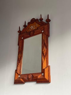 Antique Gothic Revival Hand Carved Wooden & Beveled Glass Tramp Art Wall Mirror