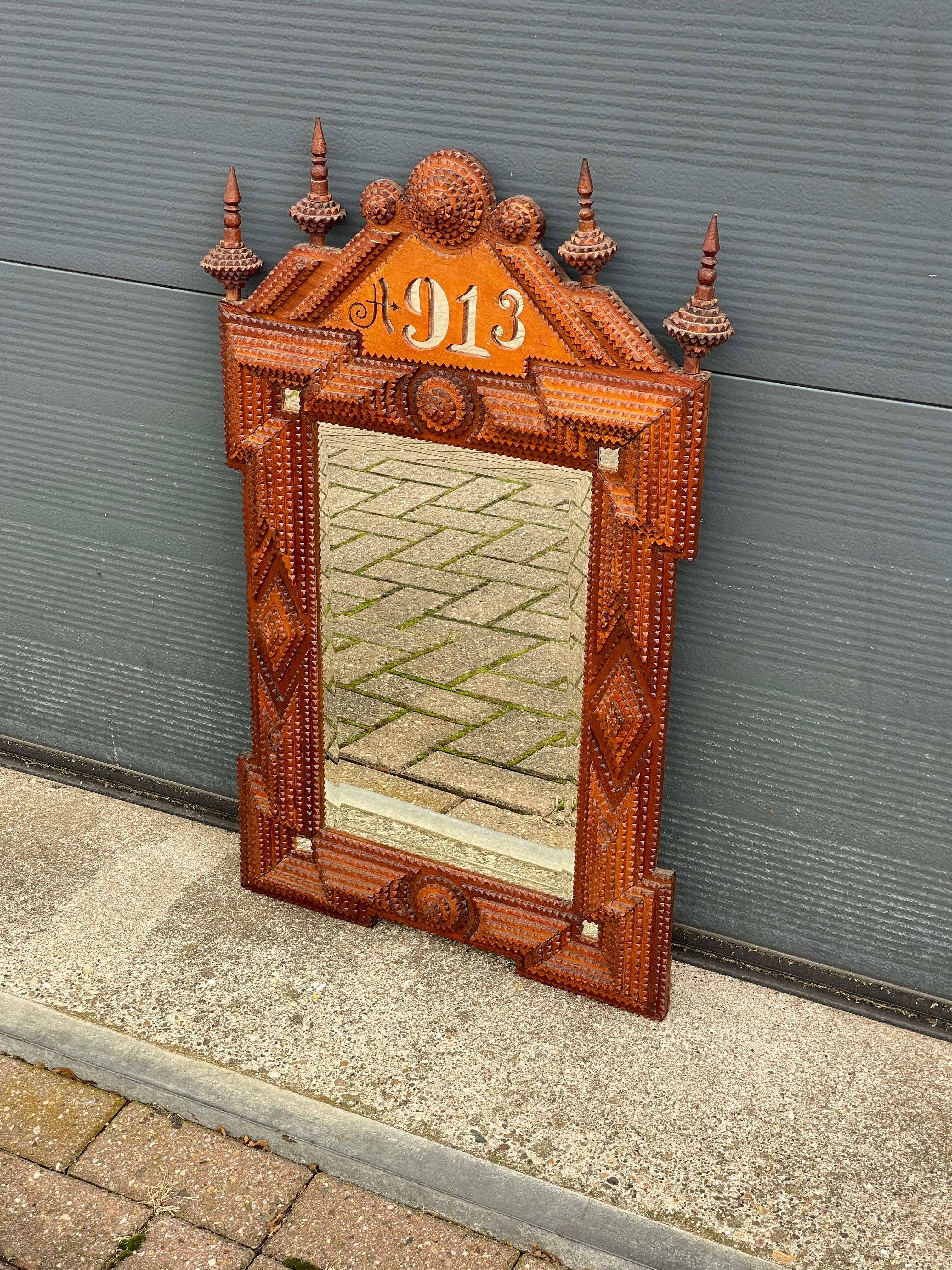 European Antique Gothic Revival Hand Carved Wooden & Beveled Glass Tramp Art Wall Mirror
