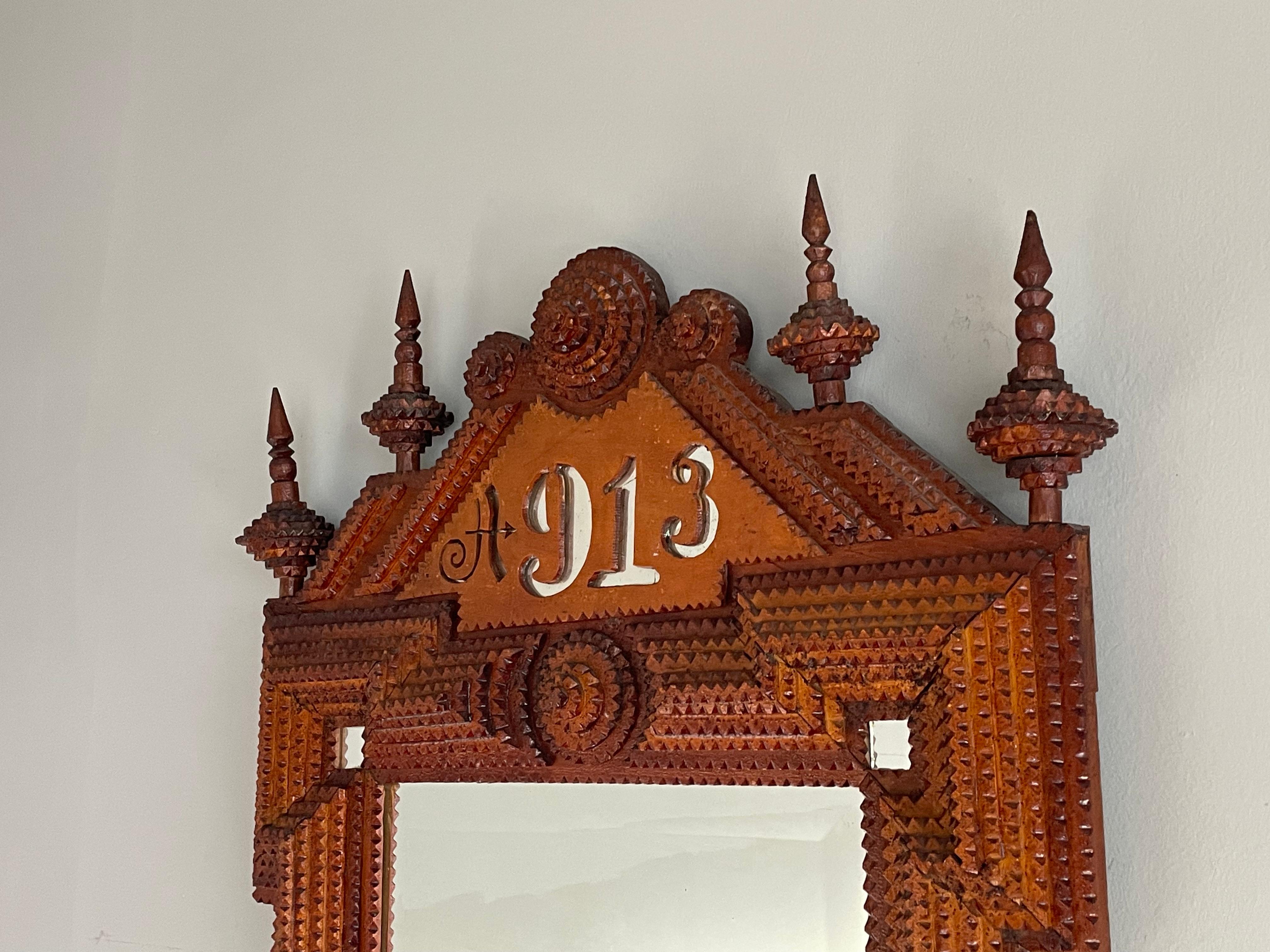 Cast Antique Gothic Revival Hand Carved Wooden & Beveled Glass Tramp Art Wall Mirror