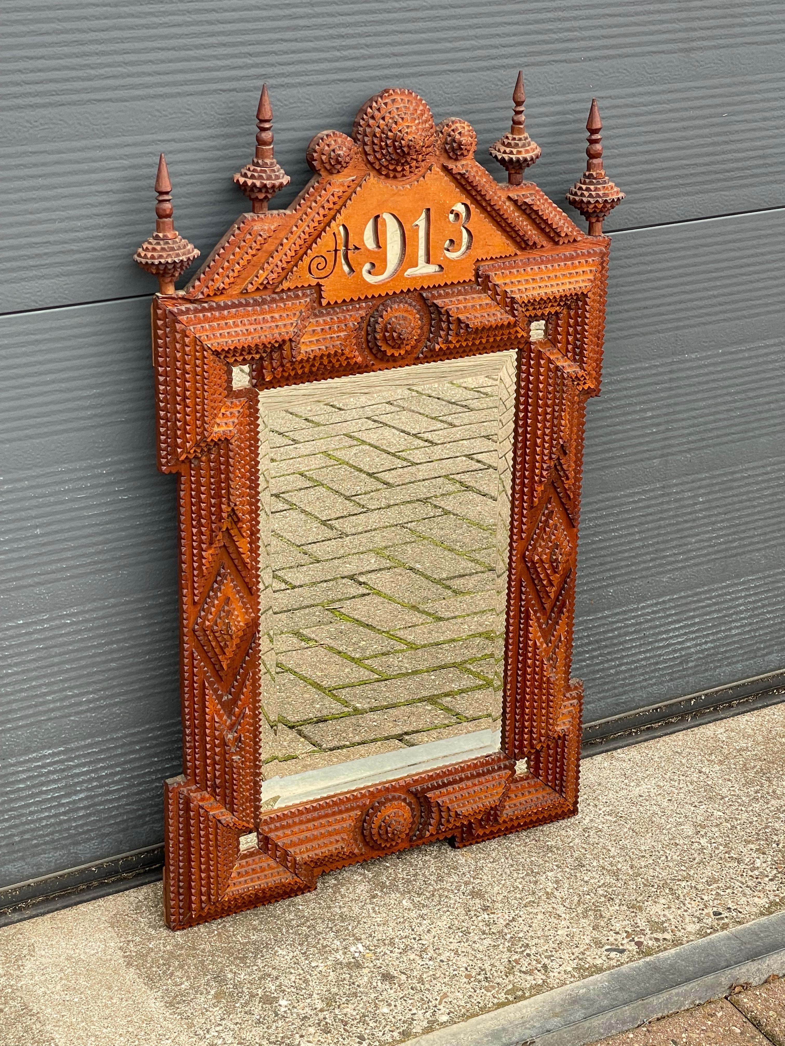 Antique Gothic Revival Hand Carved Wooden & Beveled Glass Tramp Art Wall Mirror In Good Condition In Lisse, NL