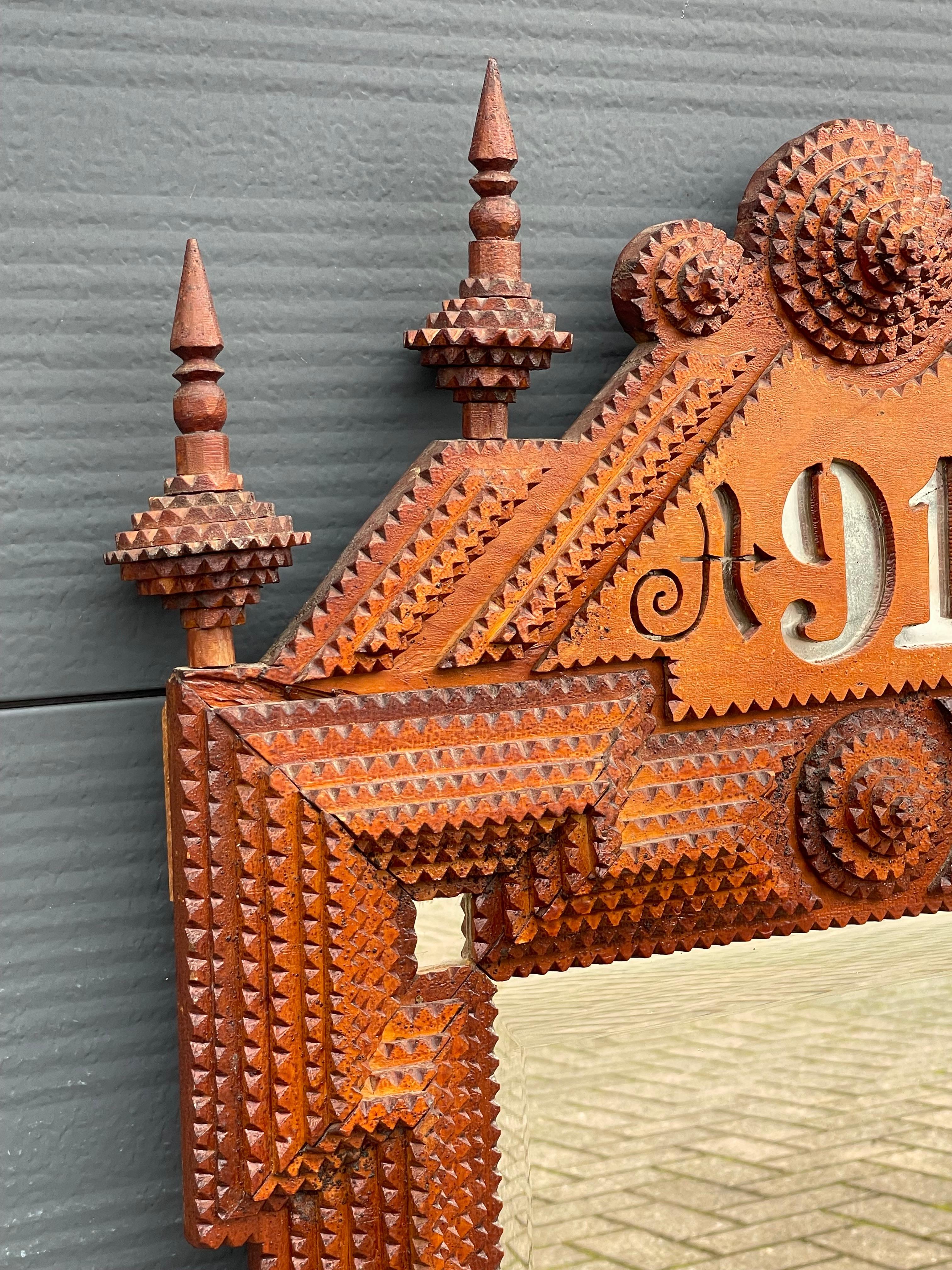 20th Century Antique Gothic Revival Hand Carved Wooden & Beveled Glass Tramp Art Wall Mirror