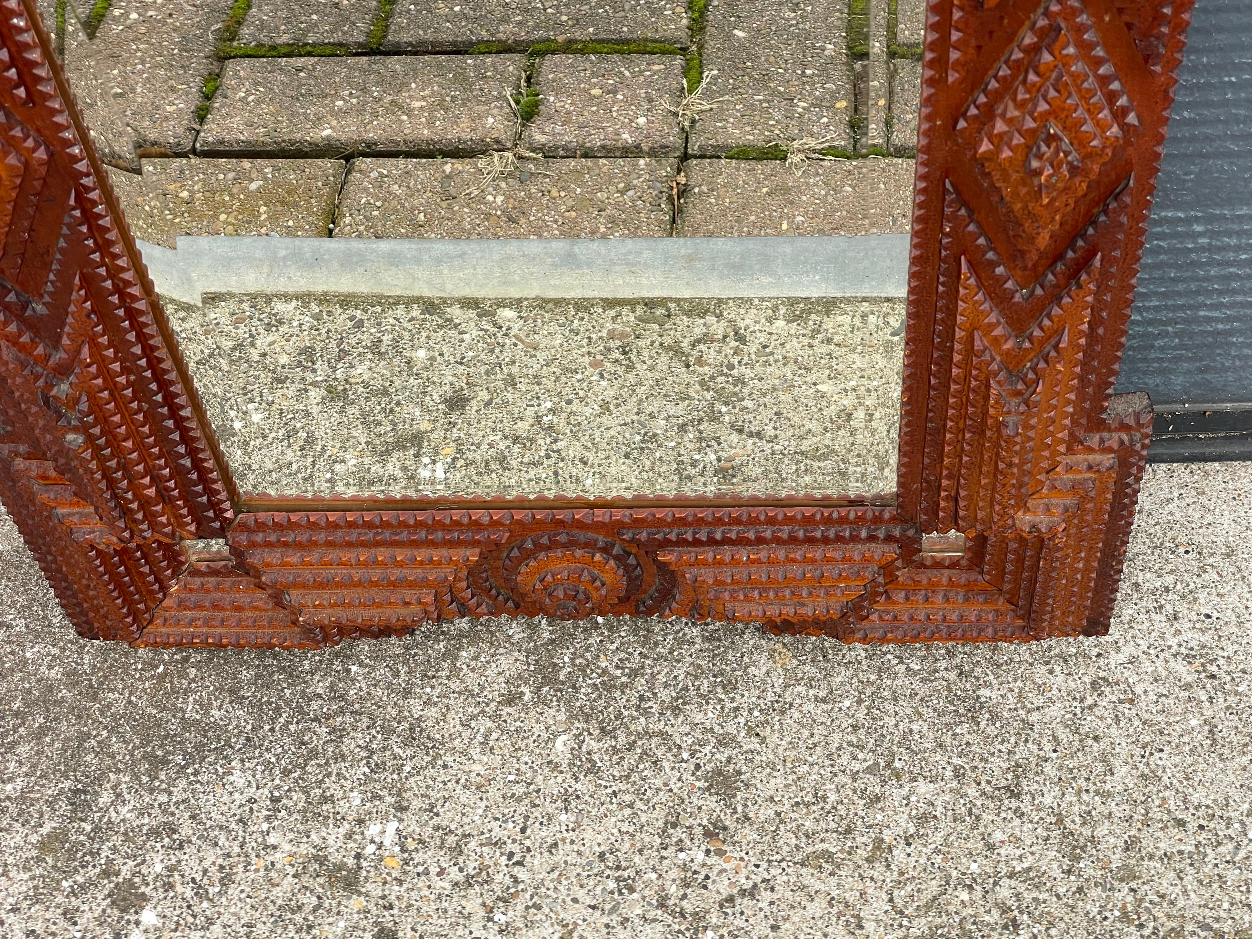 Antique Gothic Revival Hand Carved Wooden & Beveled Glass Tramp Art Wall Mirror 2