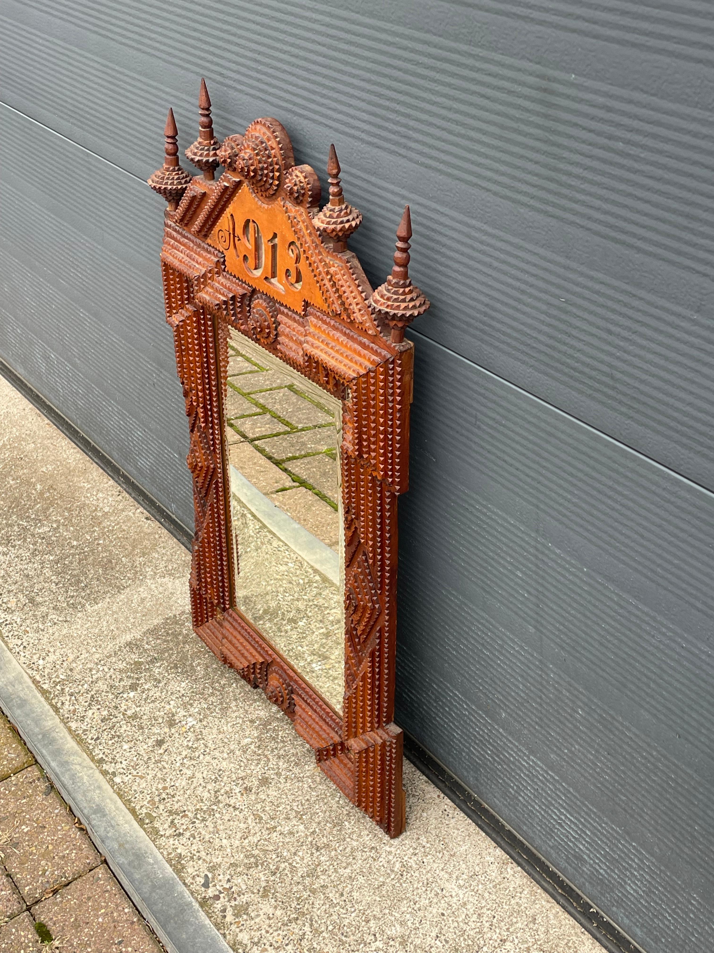 Antique Gothic Revival Hand Carved Wooden & Beveled Glass Tramp Art Wall Mirror 3