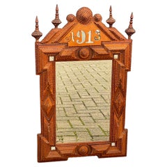 Antique Gothic Revival Hand Carved Wooden & Beveled Glass Tramp Art Wall Mirror