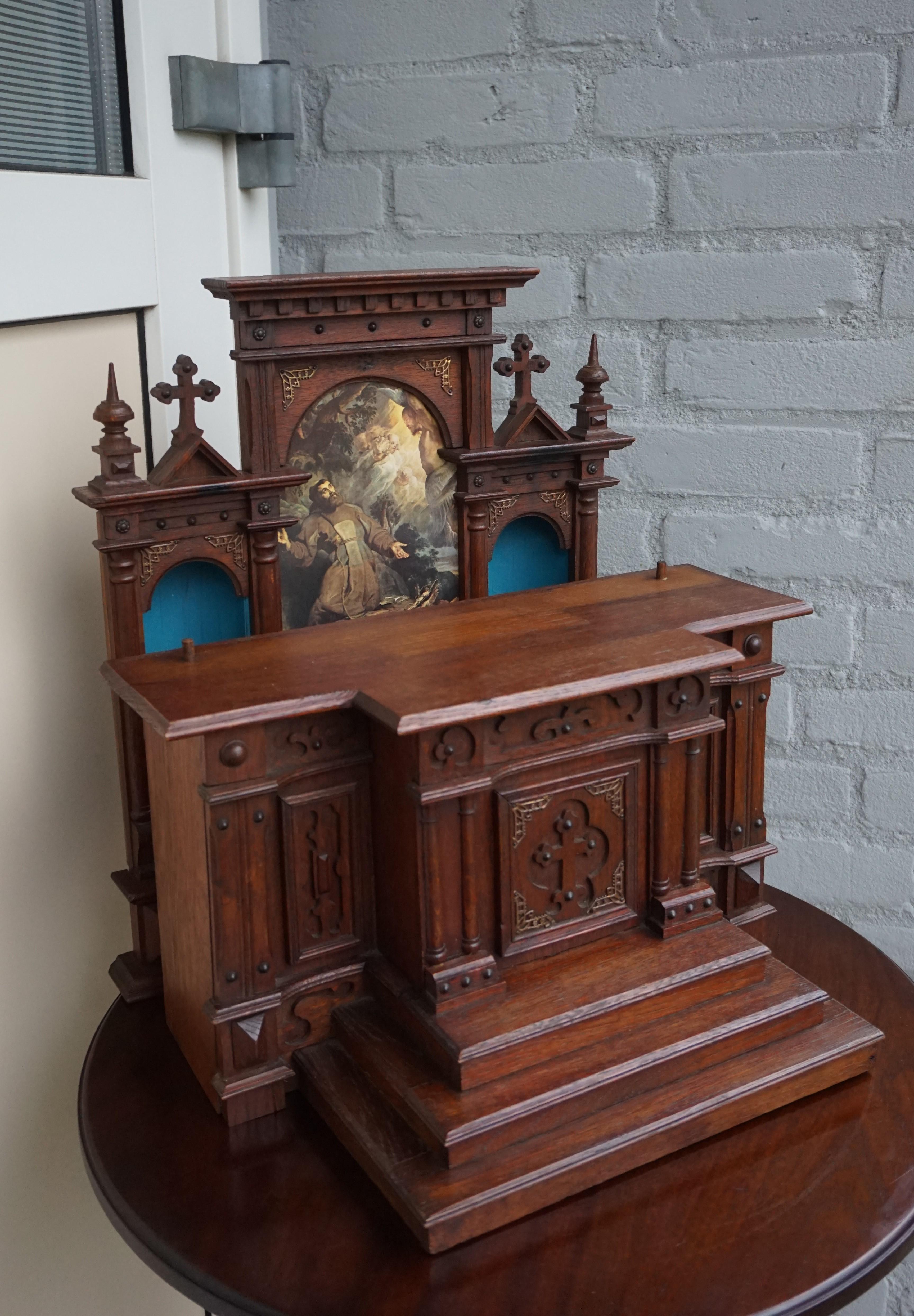 Gothic Revival Handmade Solid Oak Miniature Church Altar with Accessories 8