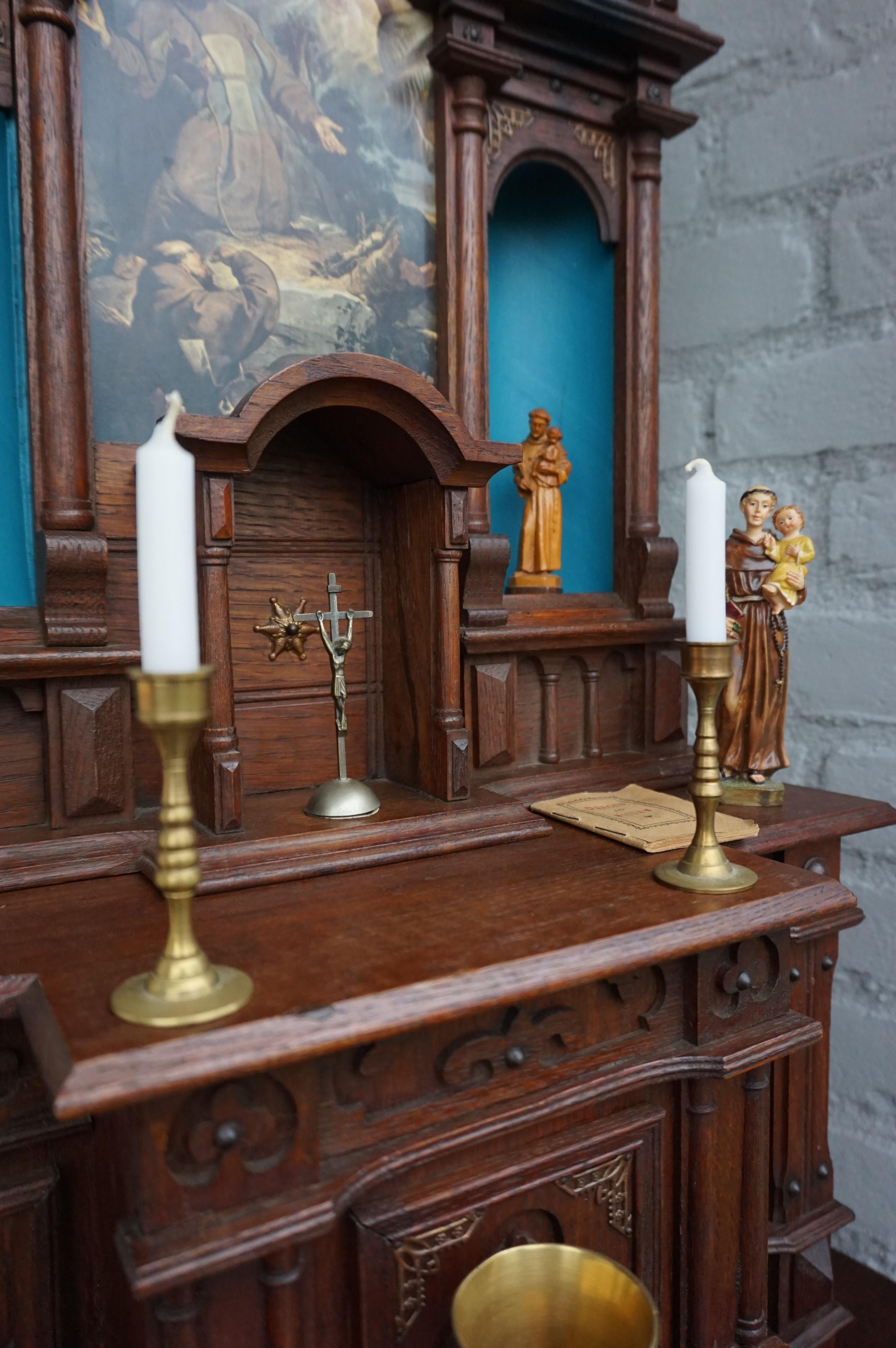 European Gothic Revival Handmade Solid Oak Miniature Church Altar with Accessories