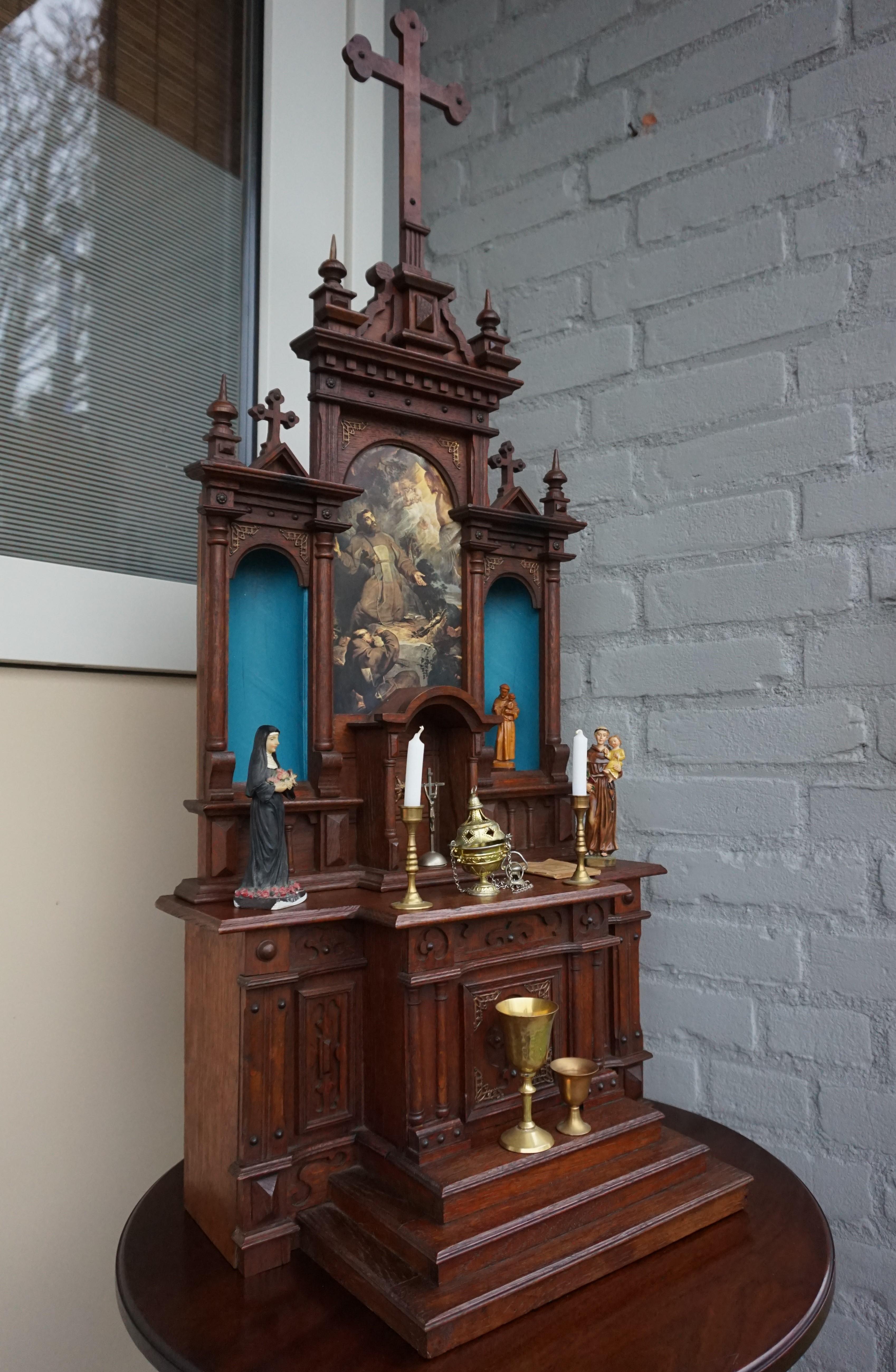 Rare and all handcrafted early 1900s miniature Gothic altar with a glorious patina.

If you are a collector of rare and good condition Gothic antiques then this three-piece miniature church altar could be yours to own and enjoy soon. The subject,