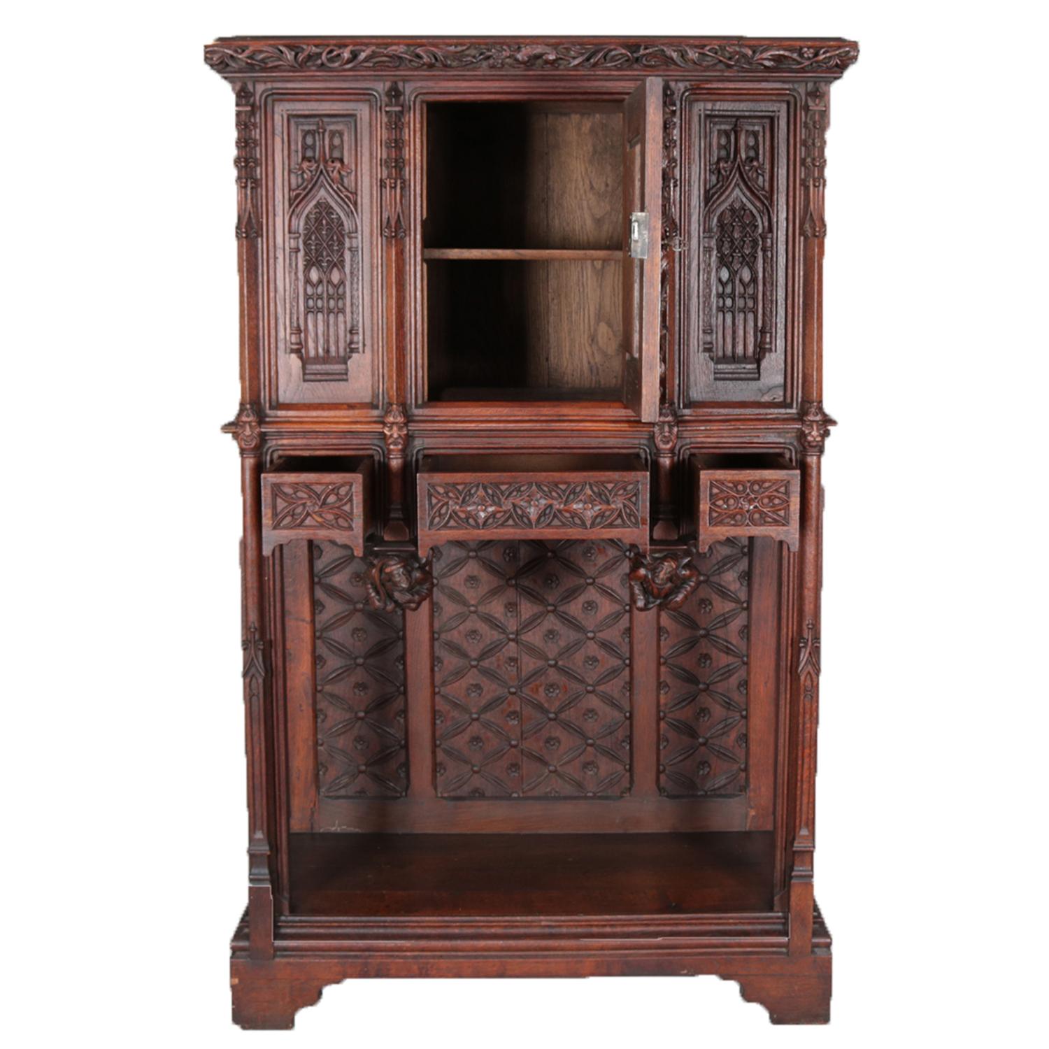 European Antique Gothic Revival Heavily Carved Oak Figural & Pictorial Cabinet circa 1880
