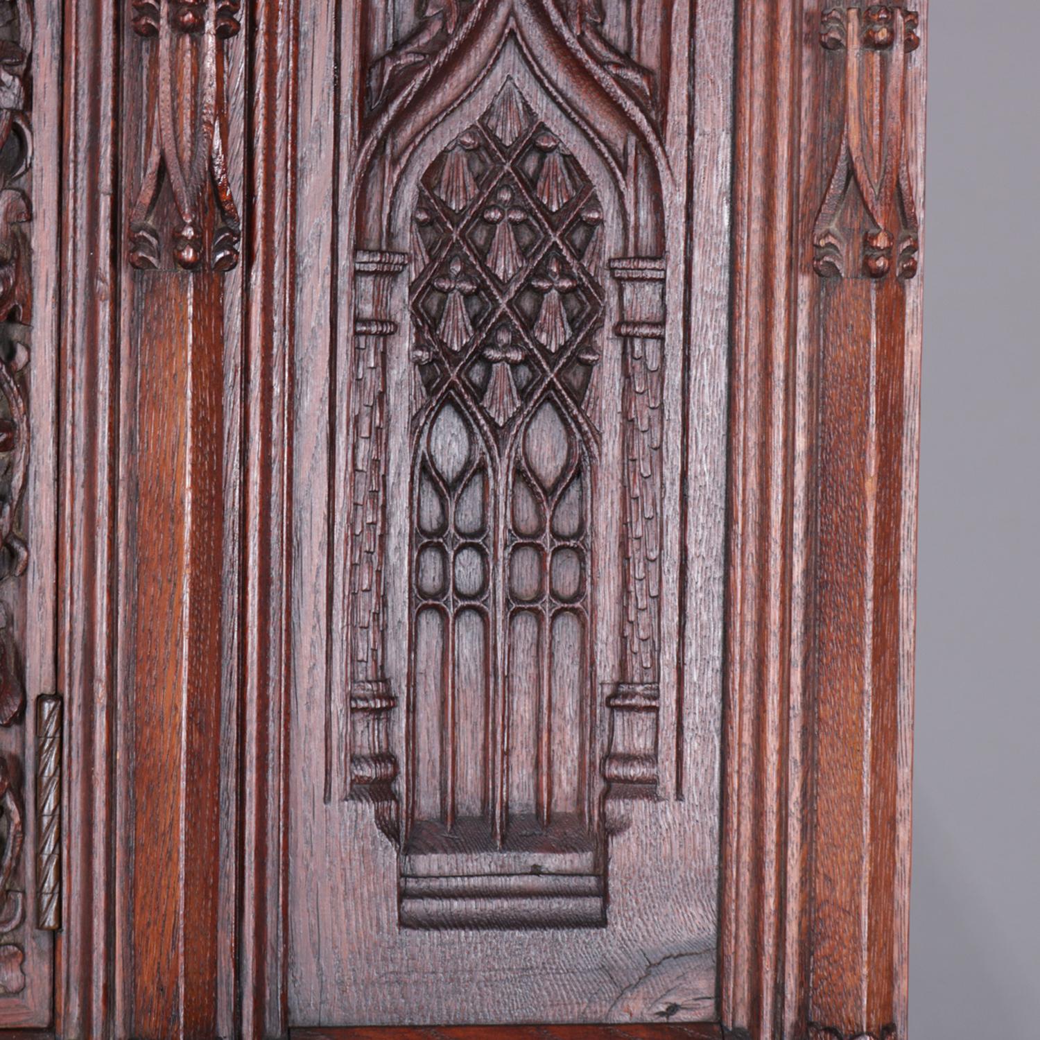 Antique Gothic Revival Heavily Carved Oak Figural & Pictorial Cabinet circa 1880 In Good Condition In Big Flats, NY