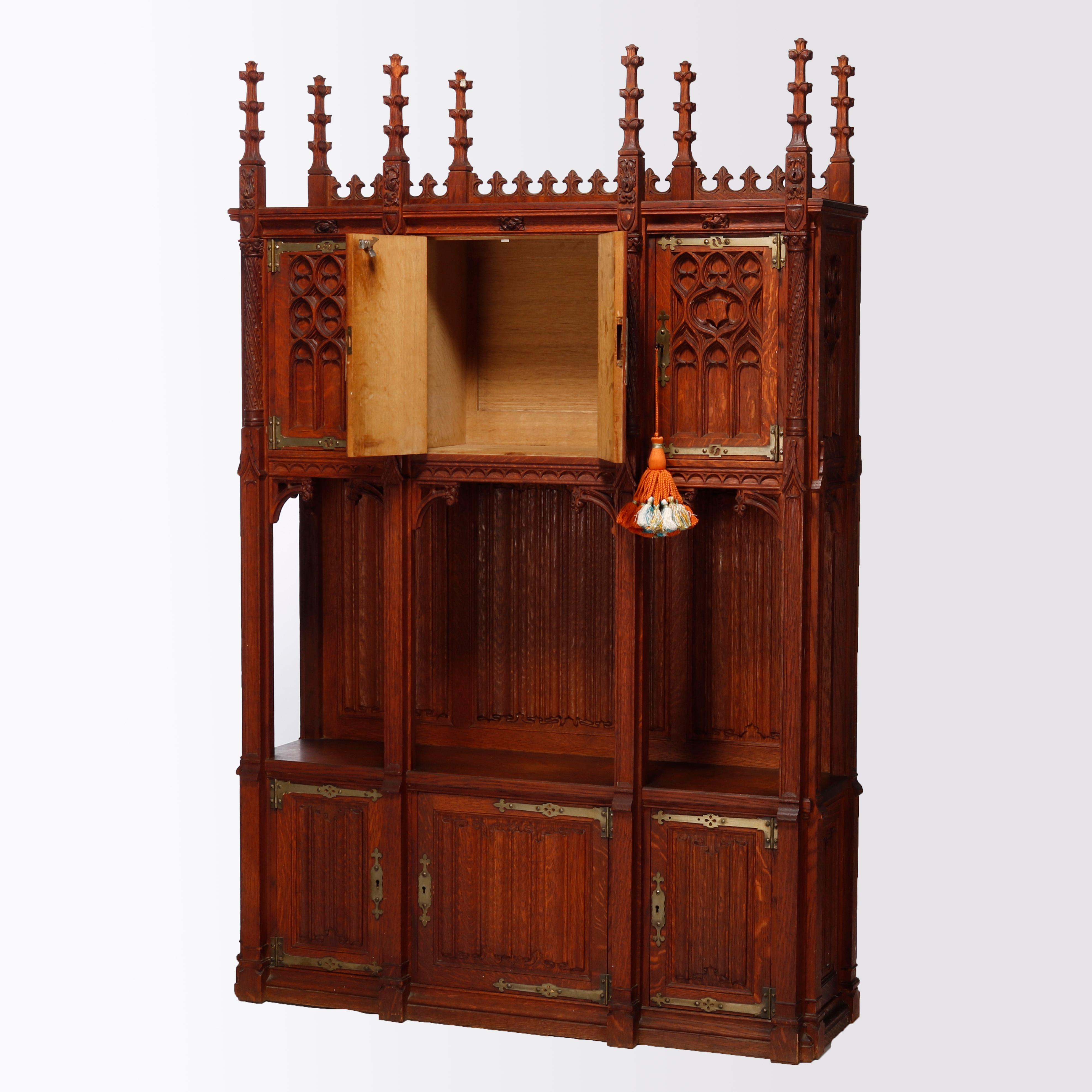 American Antique Gothic Revival Kimbel & Cabus School Carved Oak Cabinet, 20th C