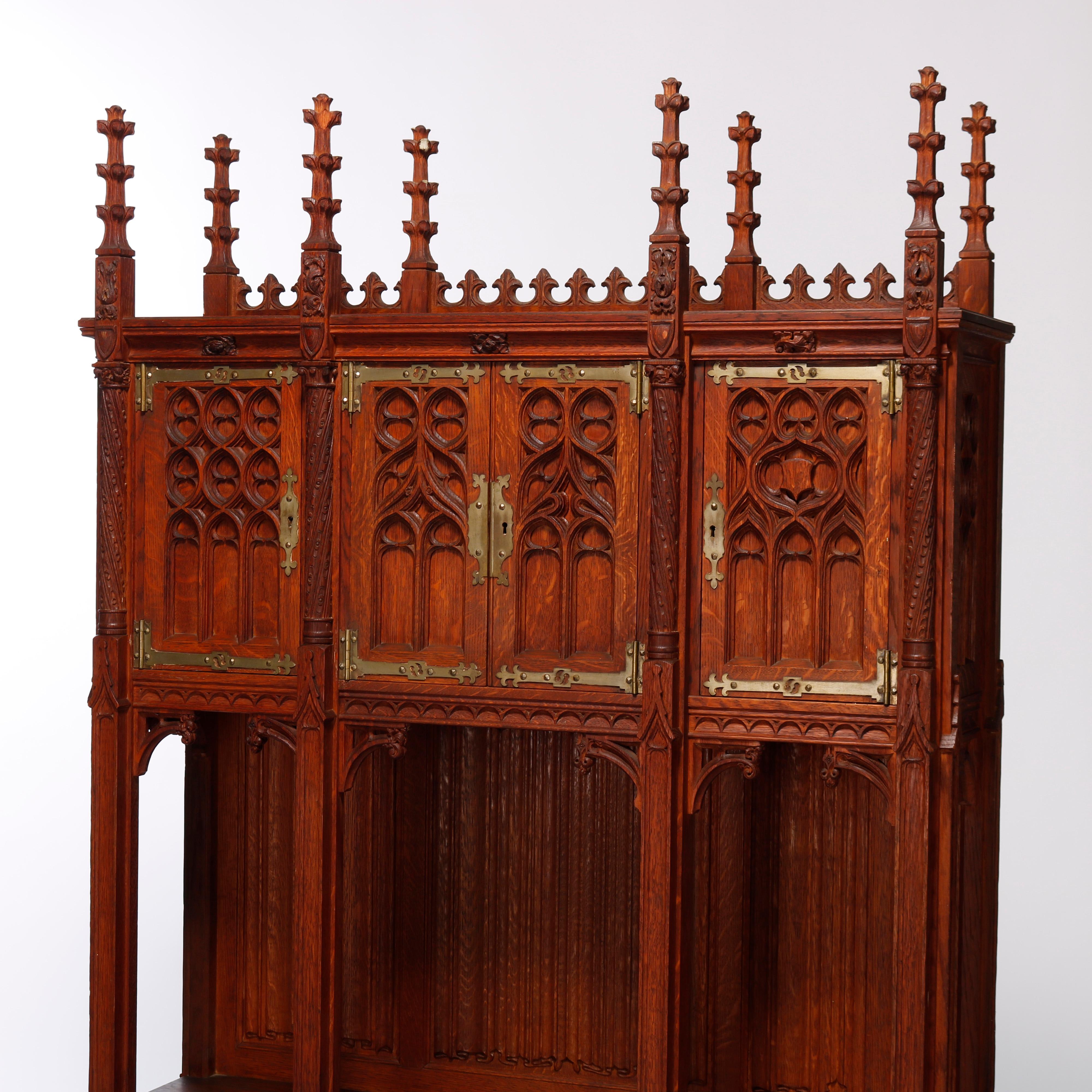 Antique Gothic Revival Kimbel & Cabus School Carved Oak Cabinet, 20th C In Good Condition In Big Flats, NY