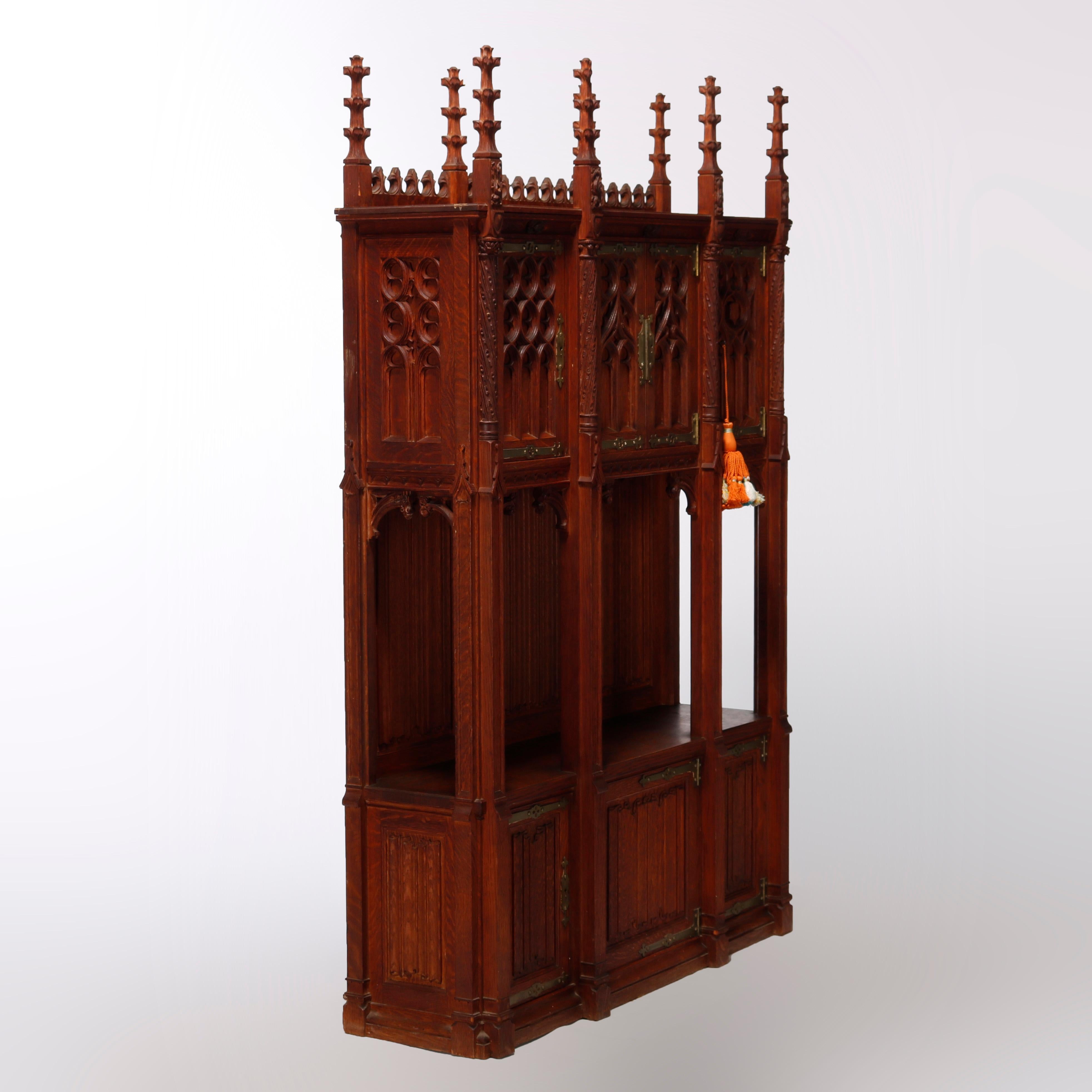 19th Century Antique Gothic Revival Kimbel & Cabus School Carved Oak Cabinet, 20th C