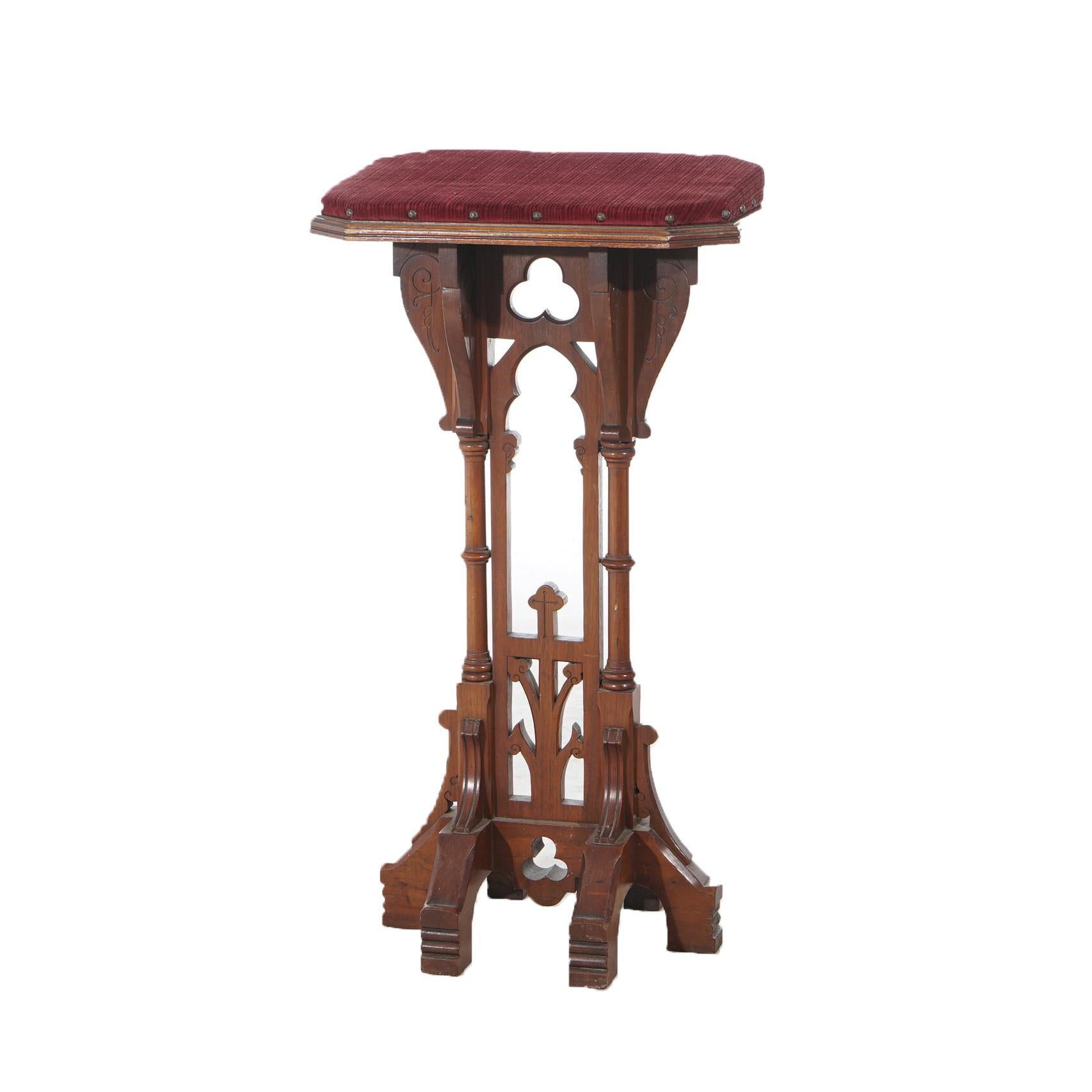 ***Ask About Reduced In-House Shipping Rates - Reliable Service & Fully Insured***
Antique Gothic Revival Kimble & Cabus podium offer walnut construction with upholstered platform over cutout base with stylized floral elements and incised