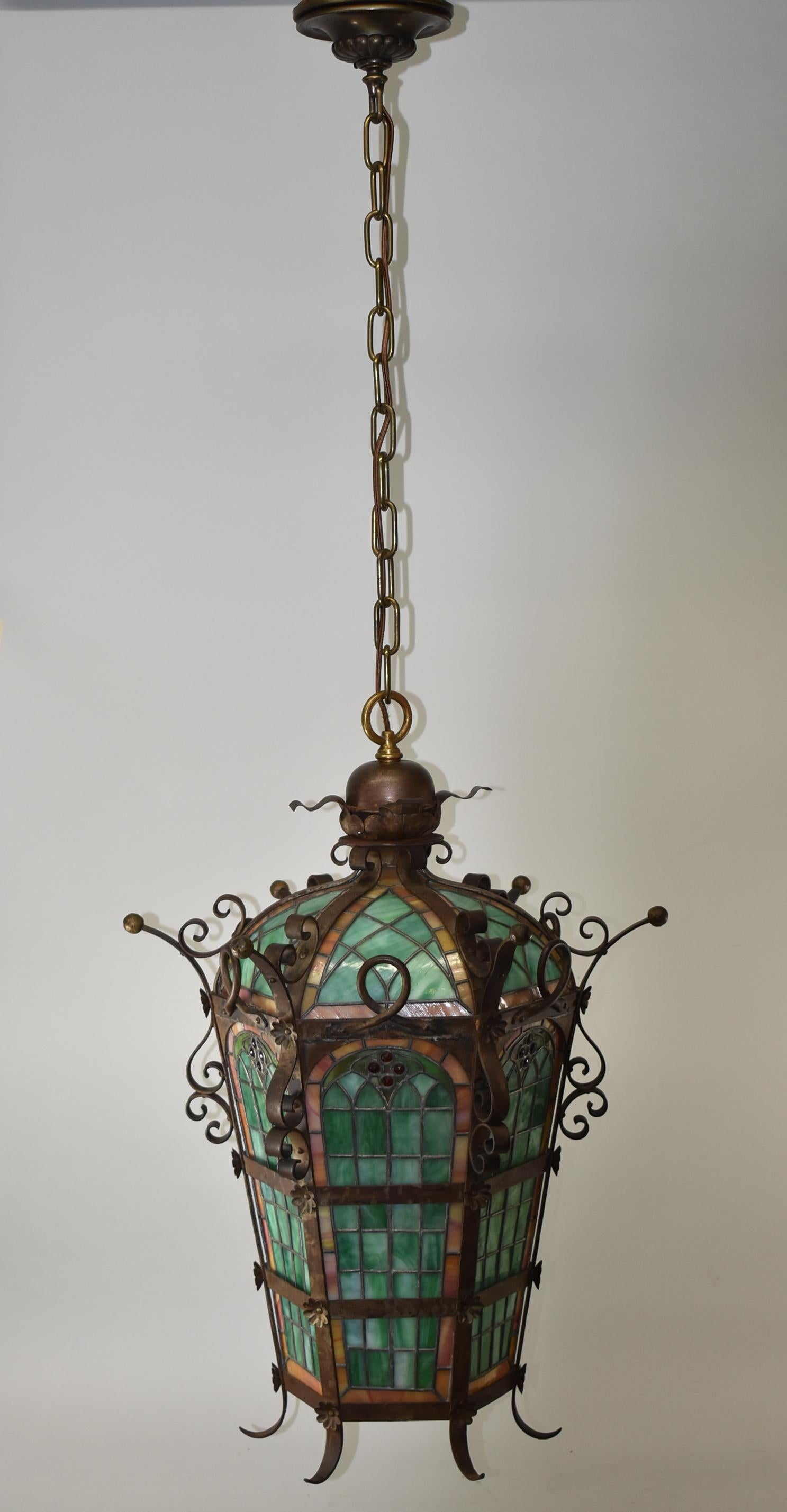 Unknown Antique Gothic Revival Leaded Slag Glass Chandelier Pendant
