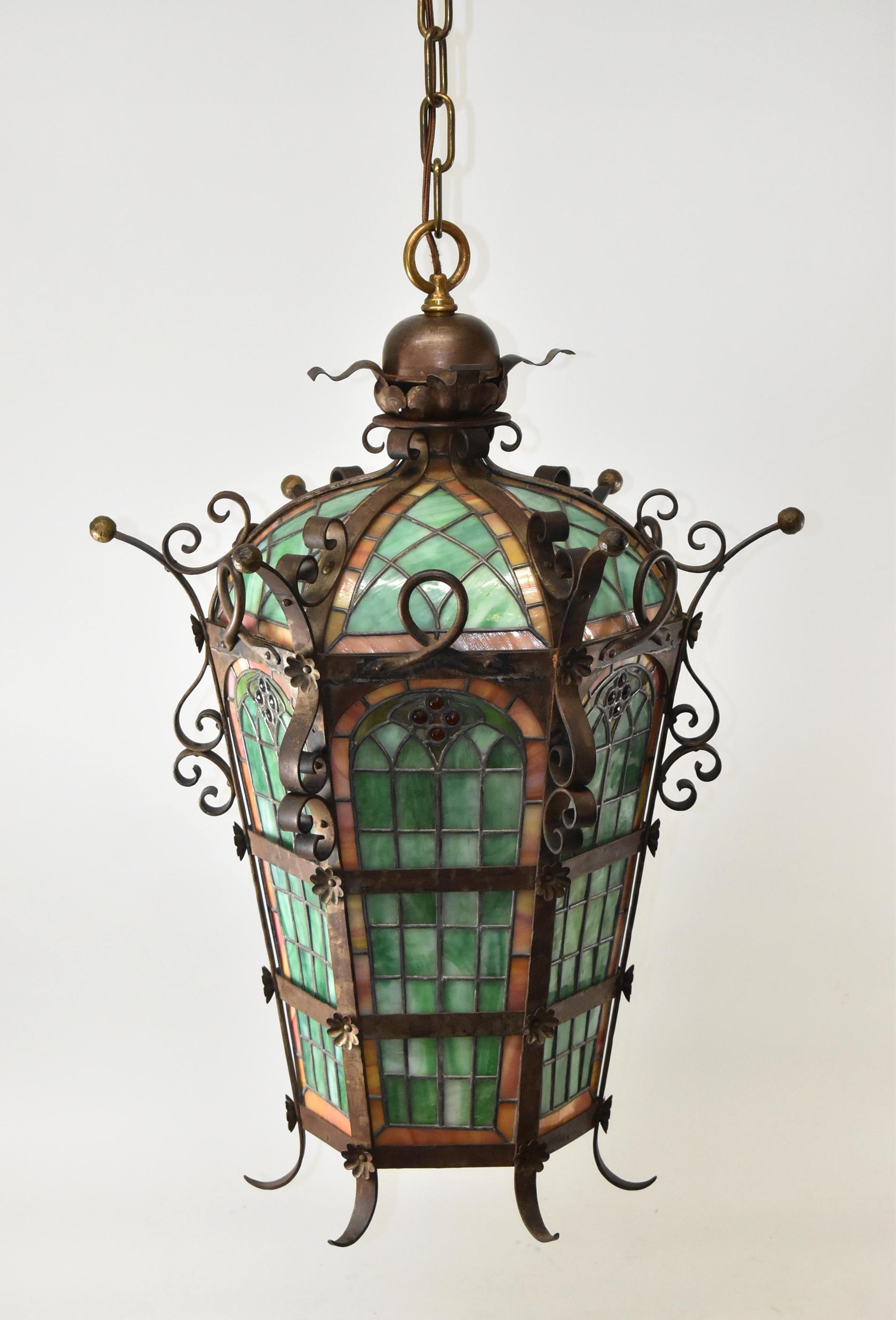 Antique Gothic Revival Leaded Slag Glass Chandelier Pendant In Good Condition In Toledo, OH