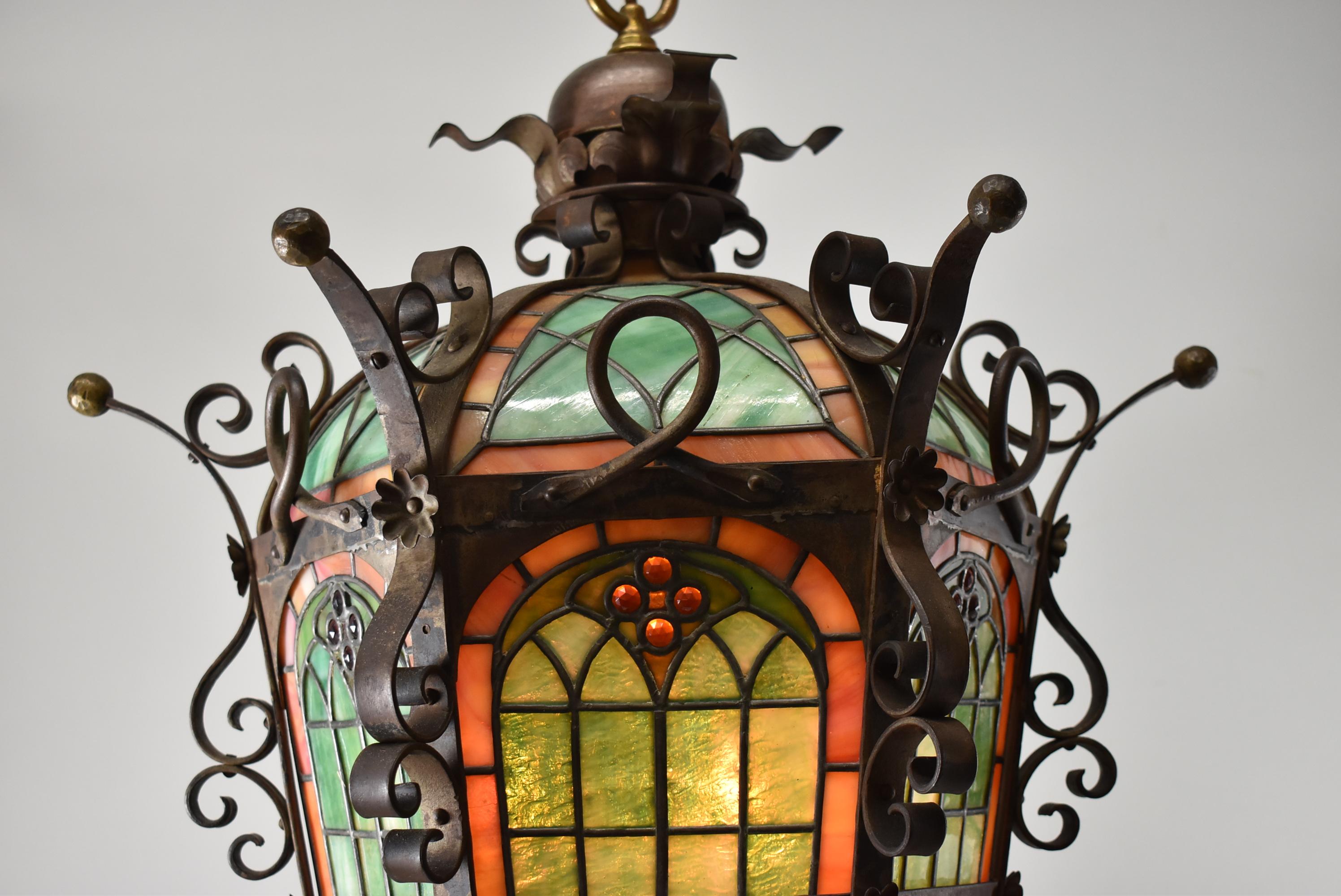 20th Century Antique Gothic Revival Leaded Slag Glass Chandelier Pendant