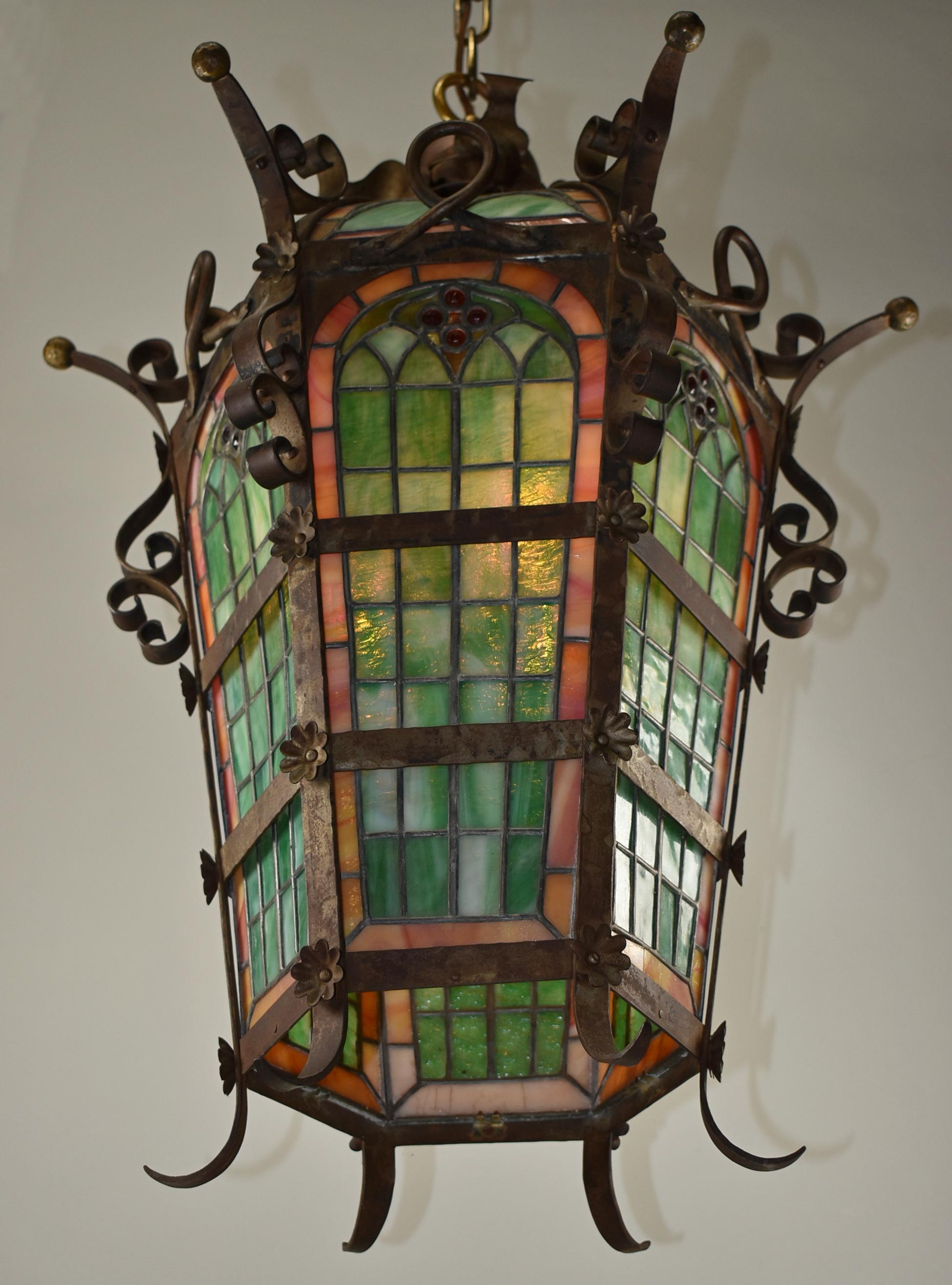 Antique Gothic Revival Leaded Slag Glass Chandelier Pendant 3