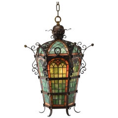 Antique Gothic Revival Leaded Slag Glass Chandelier Pendant