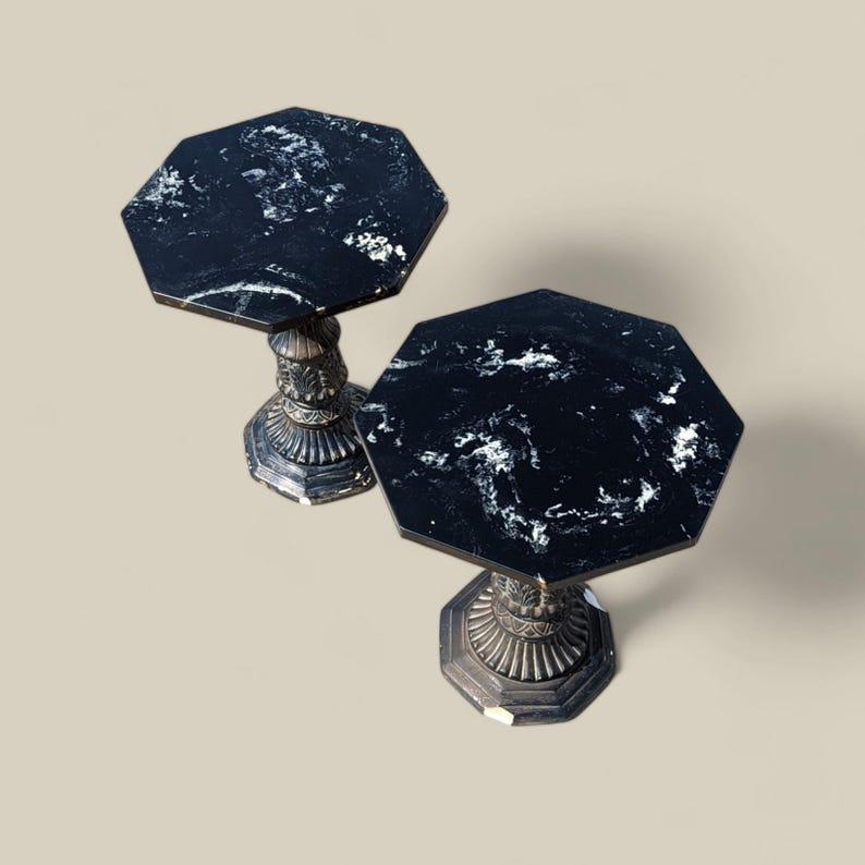 Antique Gothic Revival Marble Top Pedestals, Art Deco Mid Century Accent Tables

Measurements:
16