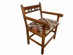 1890s Antique Gothic Revival Monk Chair Oak, Velvet Upholstered, Europe