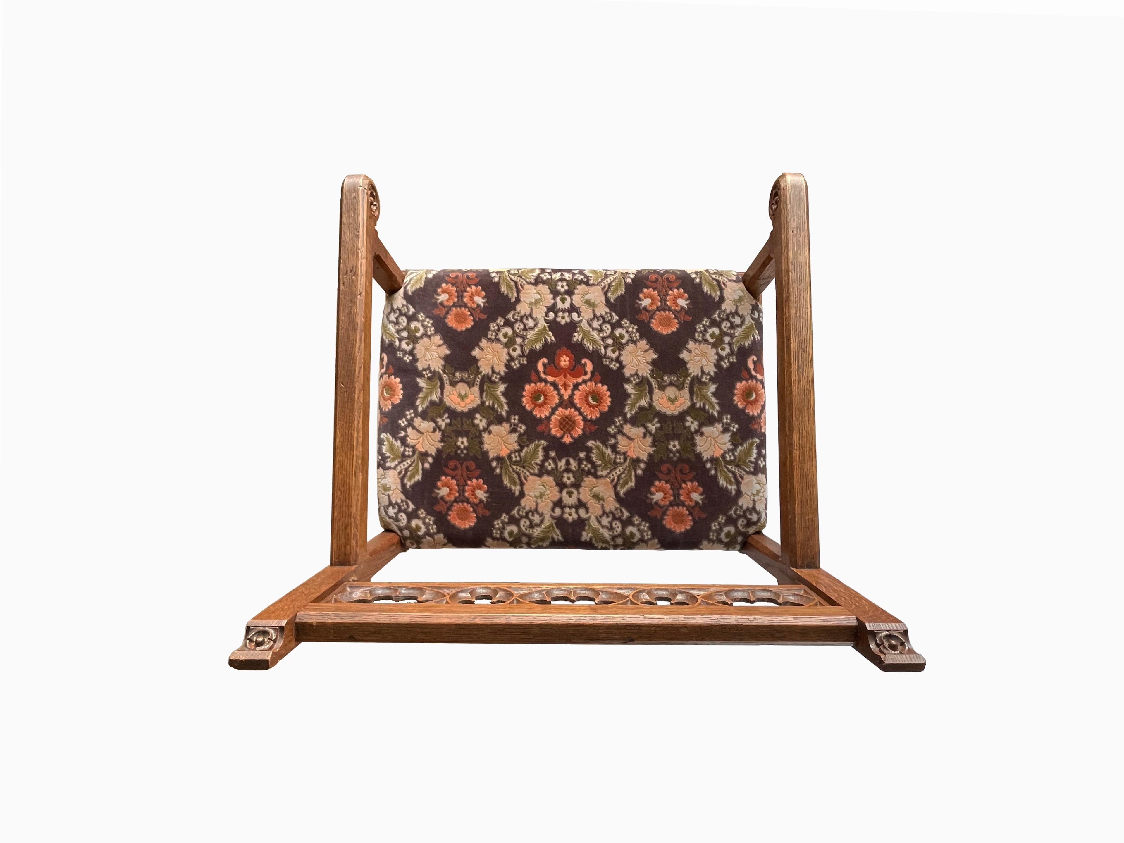 Hand-Woven Antique Gothic Revival Monk Chair Oak and Velvet Upholstered, ca. 1900, Europe For Sale
