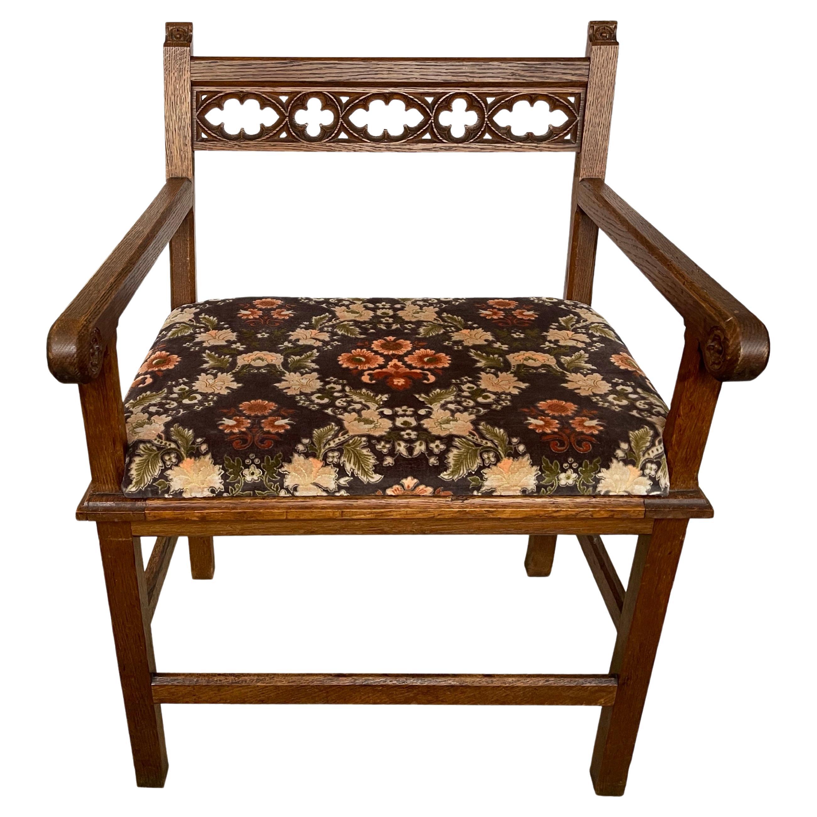 Antique Gothic Revival Monk Chair Oak and Velvet Upholstered, ca. 1900, Europe For Sale