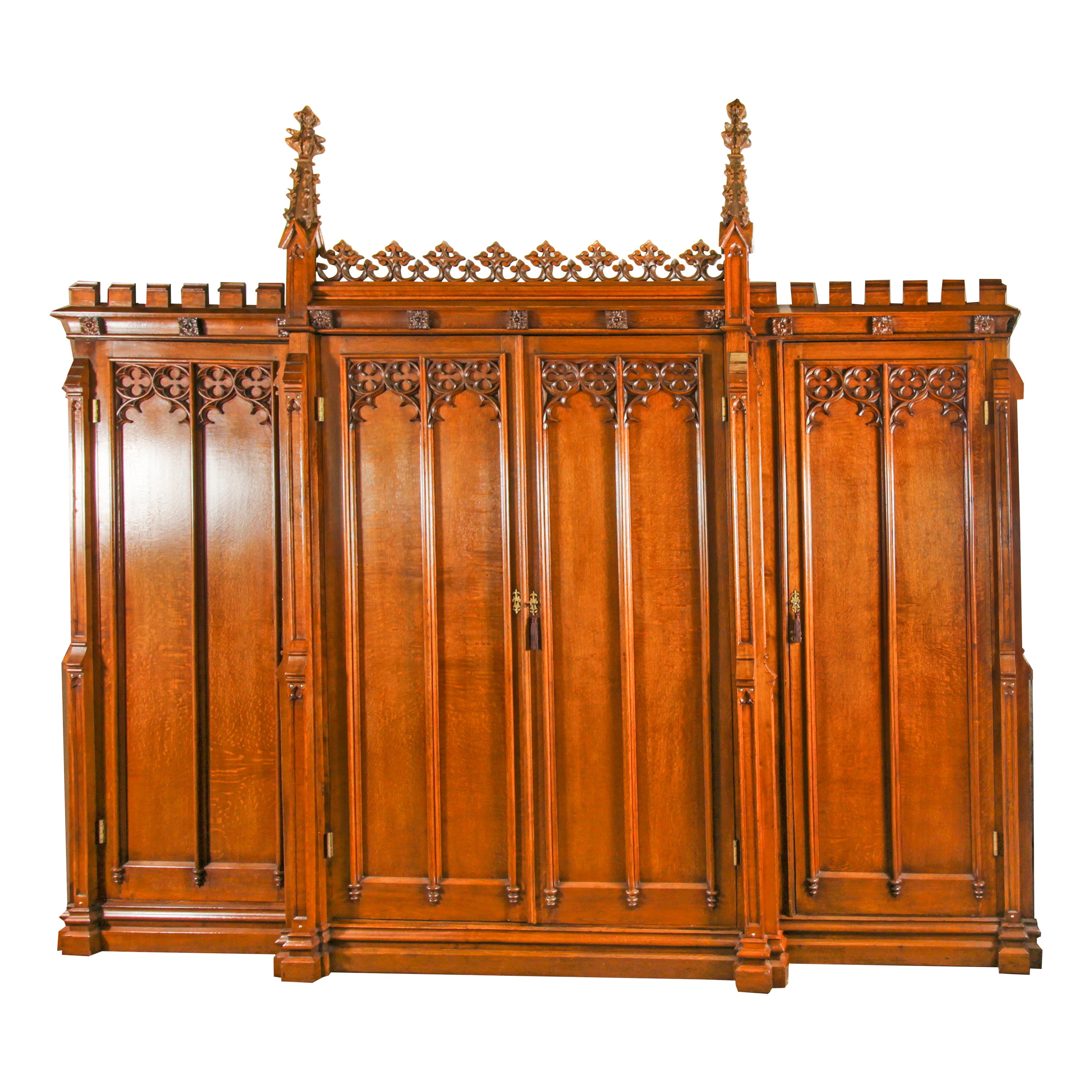 Antique Gothic Revival Oak Breakfront Wardrobe Thomas King 19th Century