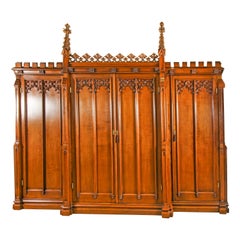 Antique Gothic Revival Oak Breakfront Wardrobe Thomas King 19th Century