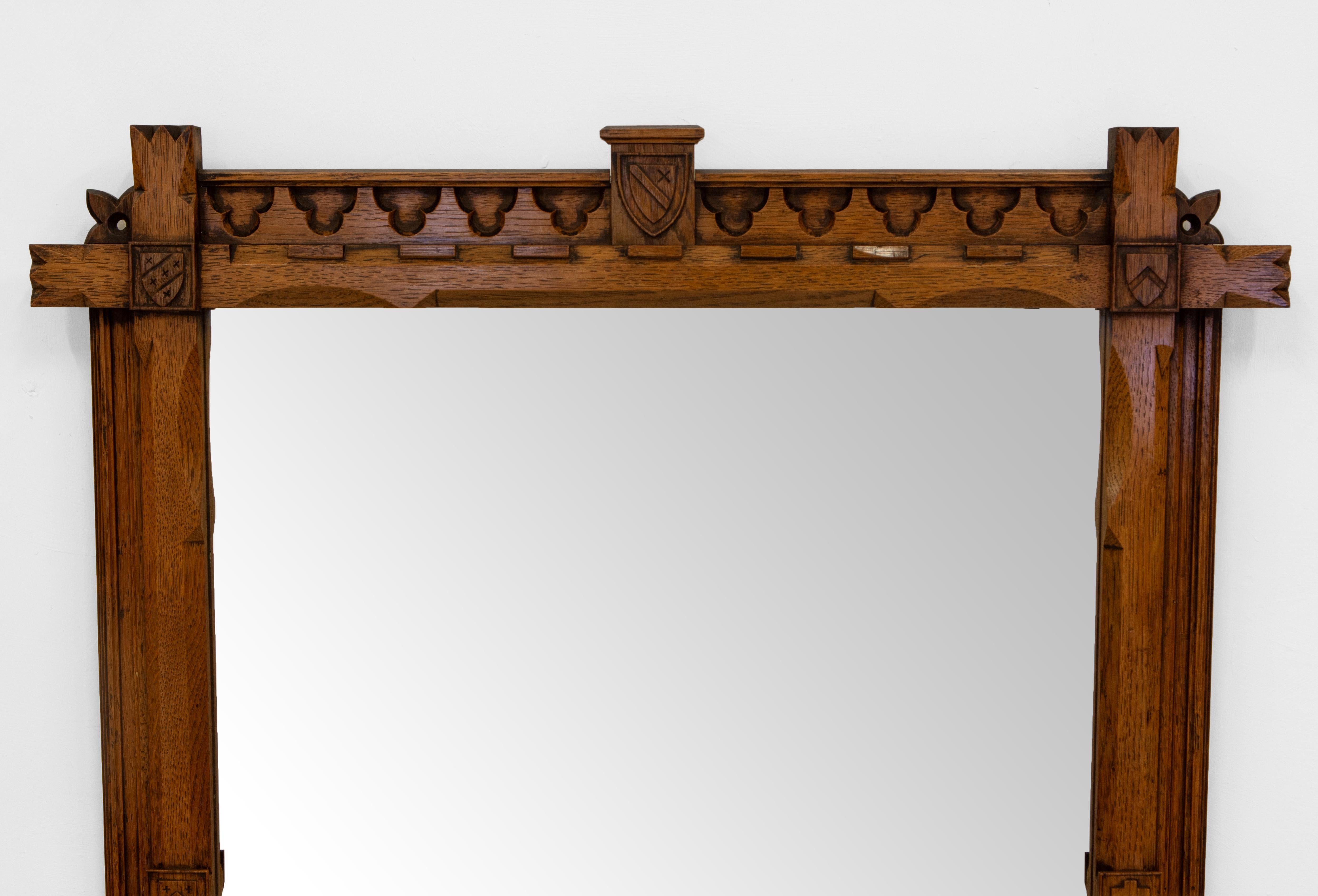 Hand-Carved Antique Gothic Revival Oak Trefoil Wall Mirror For Sale