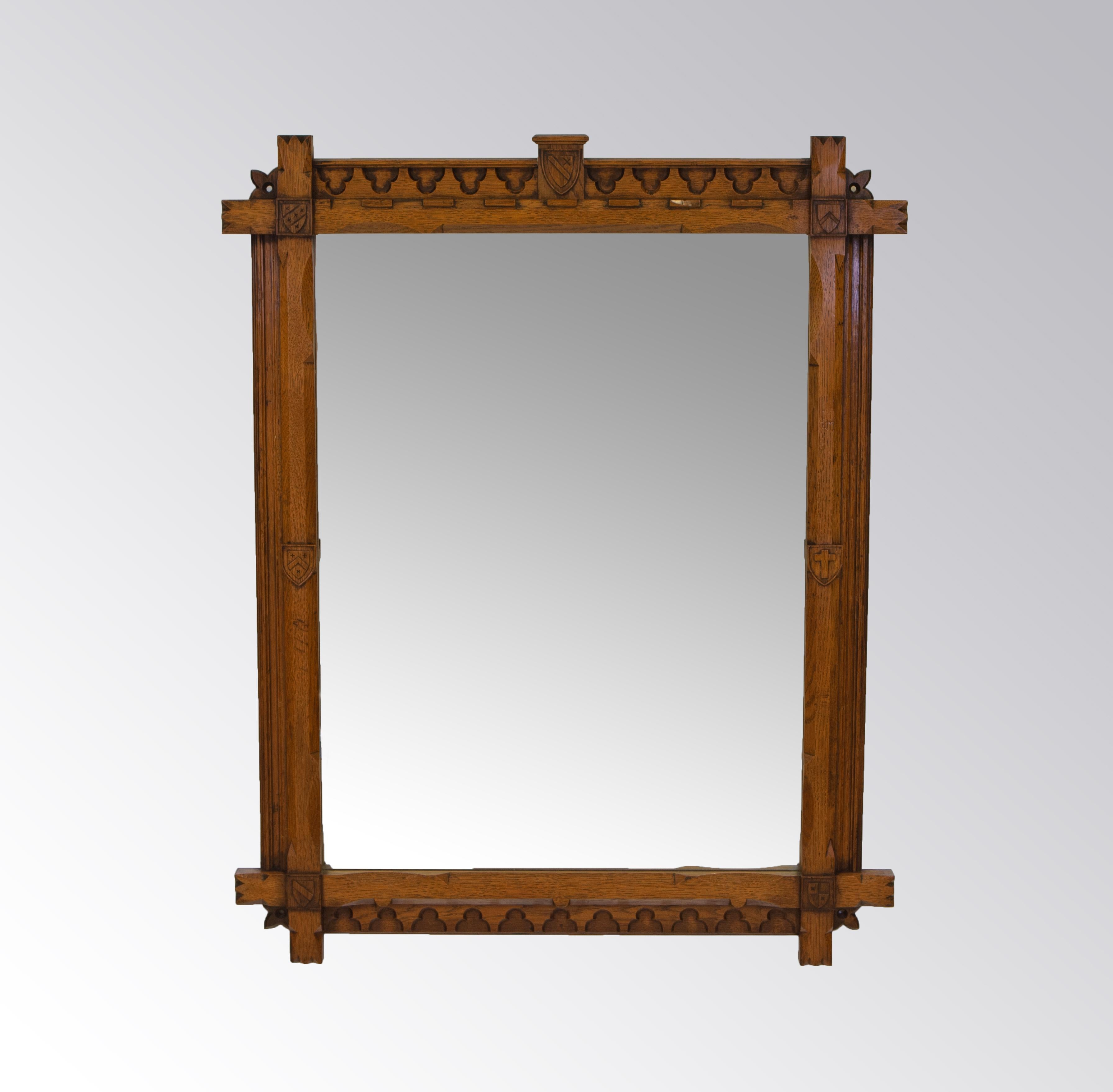 Antique Gothic Revival Oak Trefoil Wall Mirror For Sale 1