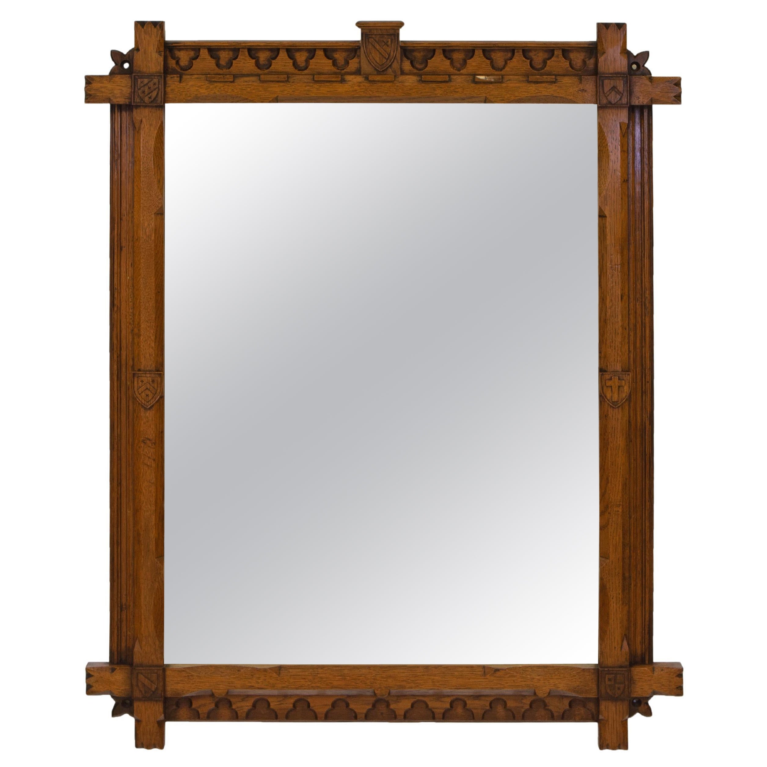 Antique Gothic Revival Oak Trefoil Wall Mirror