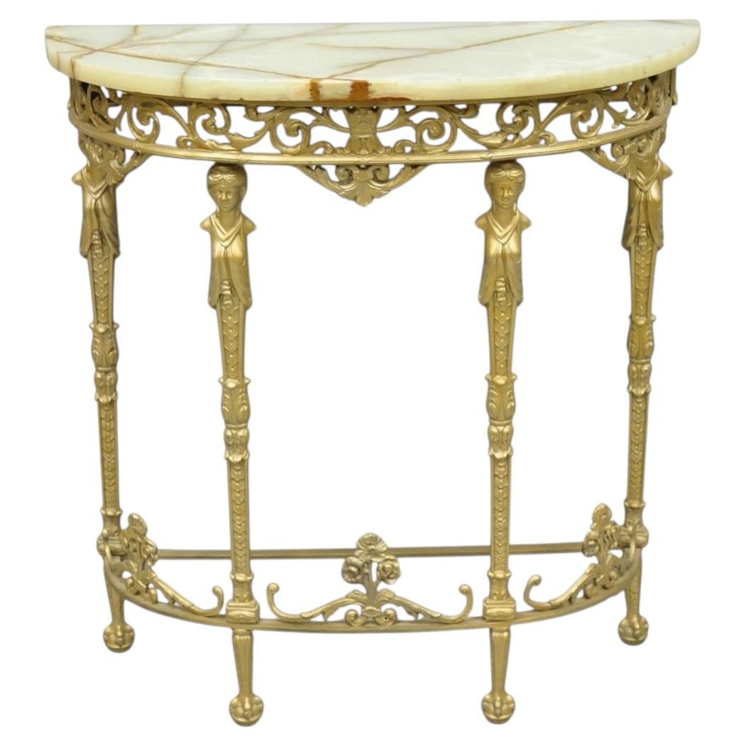 Antique Gothic Revival Oscar Bach Style Figural Bronze & Onyx Gold Console Table