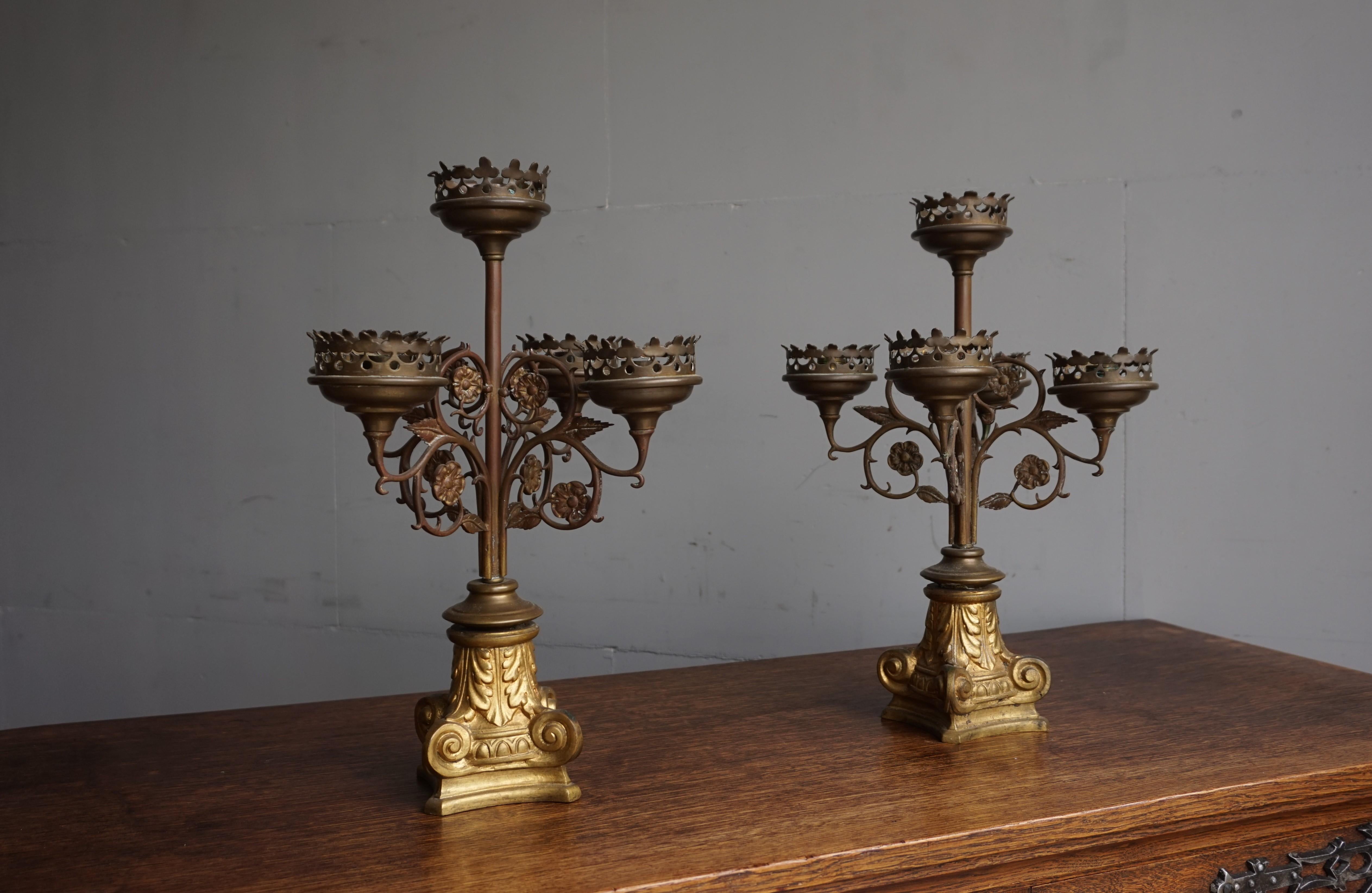 Antique Gothic Revival Pair of Bronze & Brass Table Candelabras / Candle Stands 4