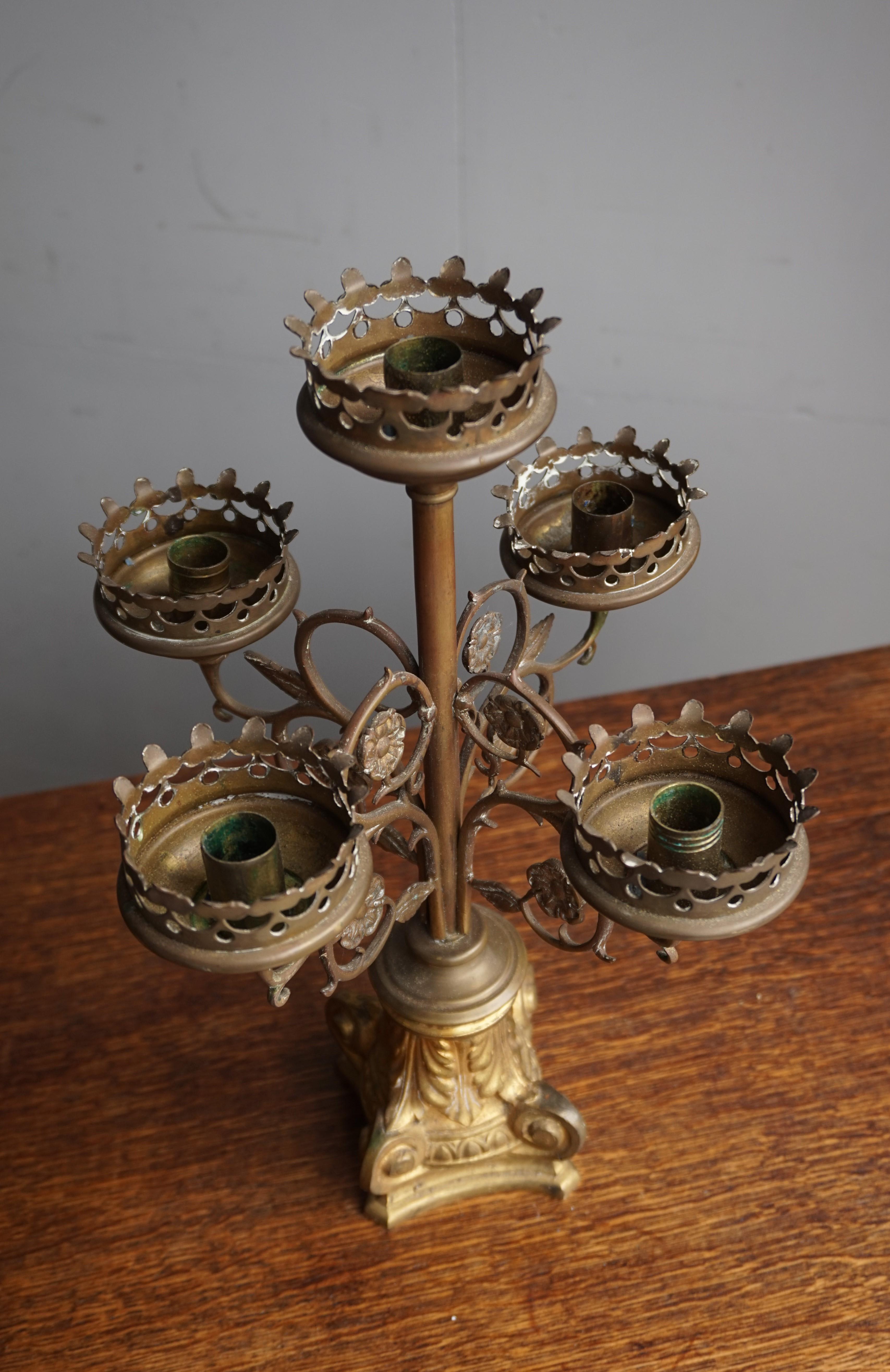 Antique Gothic Revival Pair of Bronze & Brass Table Candelabras / Candle Stands 5