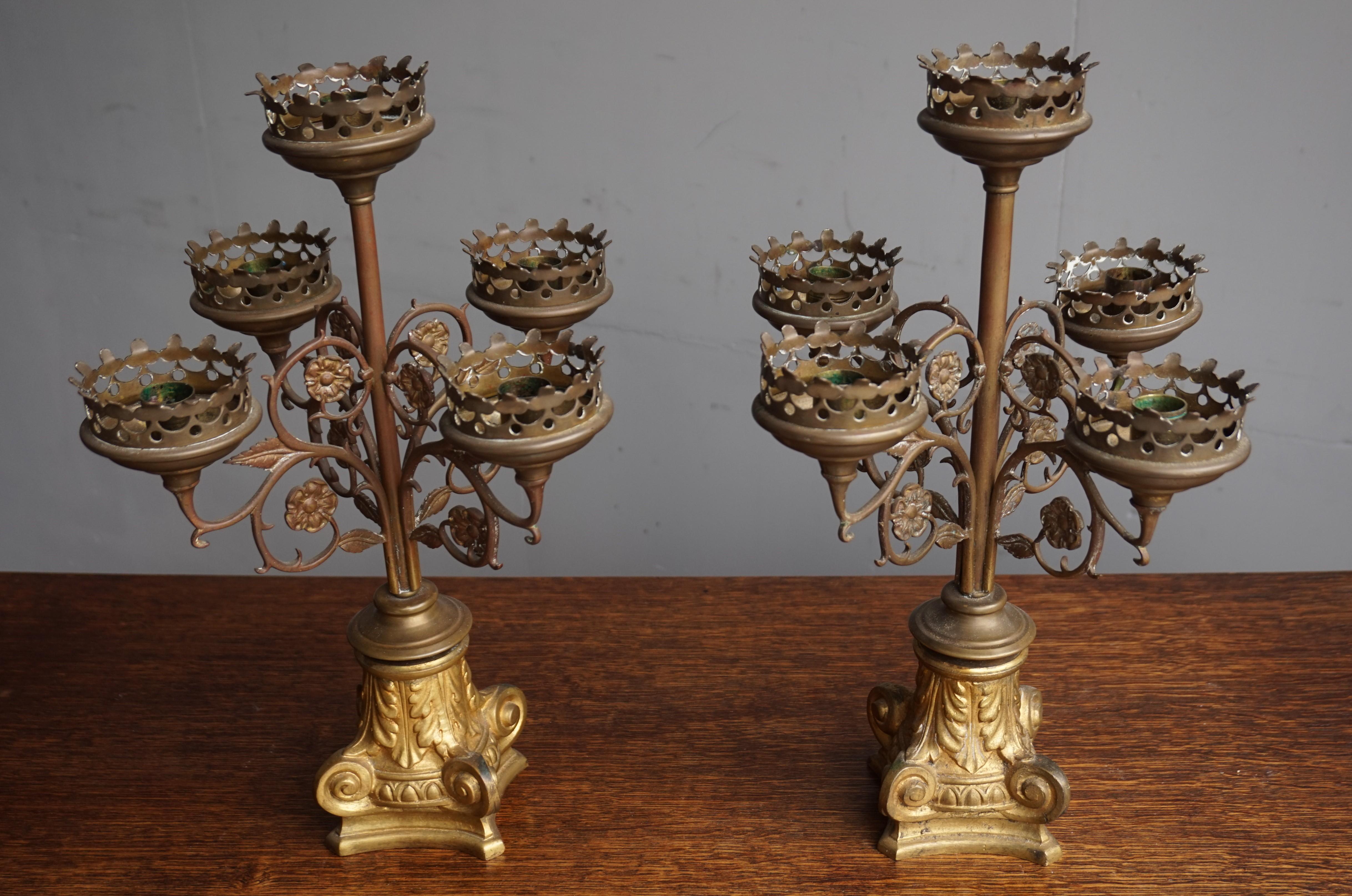 Antique Gothic Revival Pair of Bronze & Brass Table Candelabras / Candle Stands 7