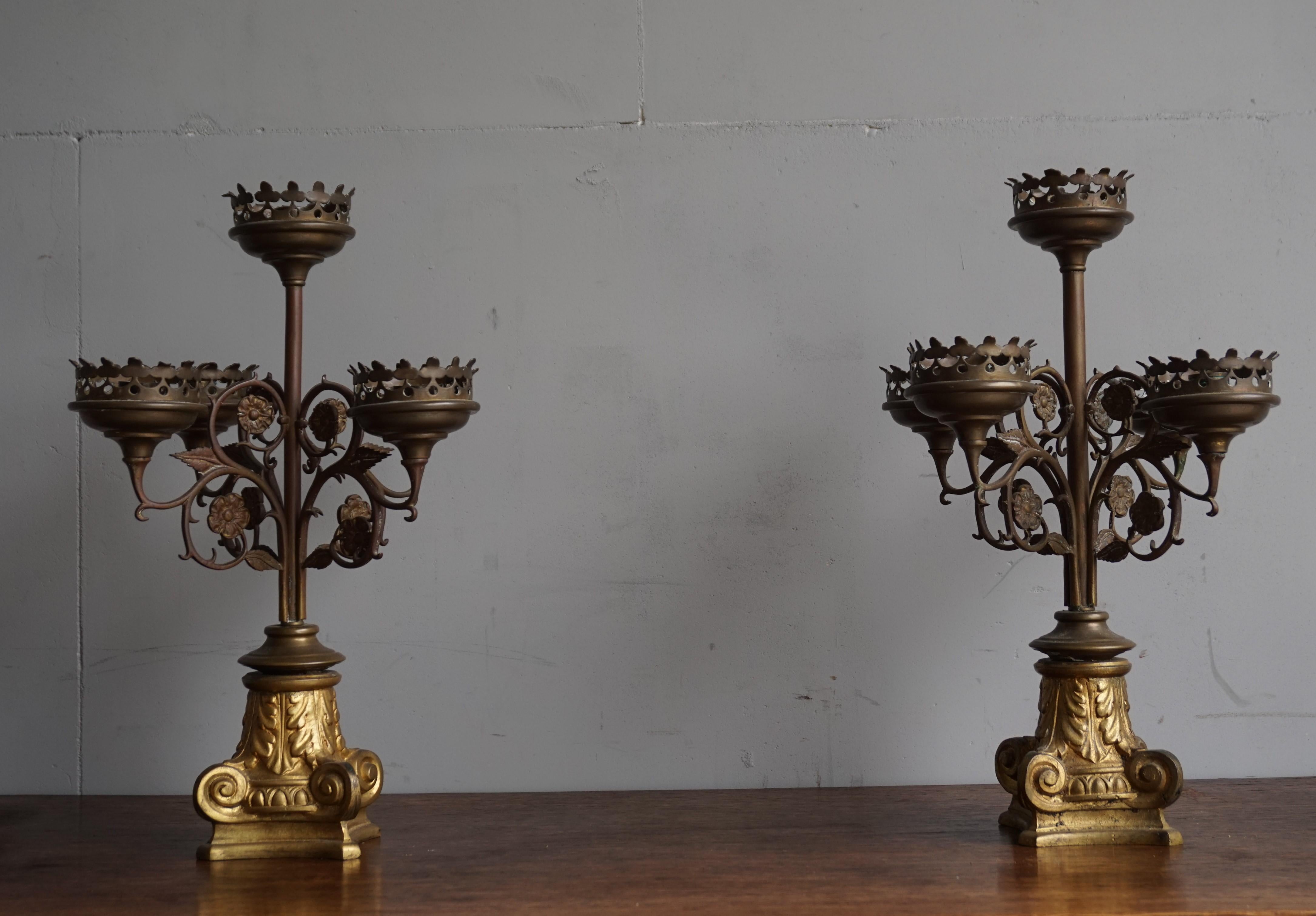 Antique Gothic Revival Pair of Bronze & Brass Table Candelabras / Candle Stands 8