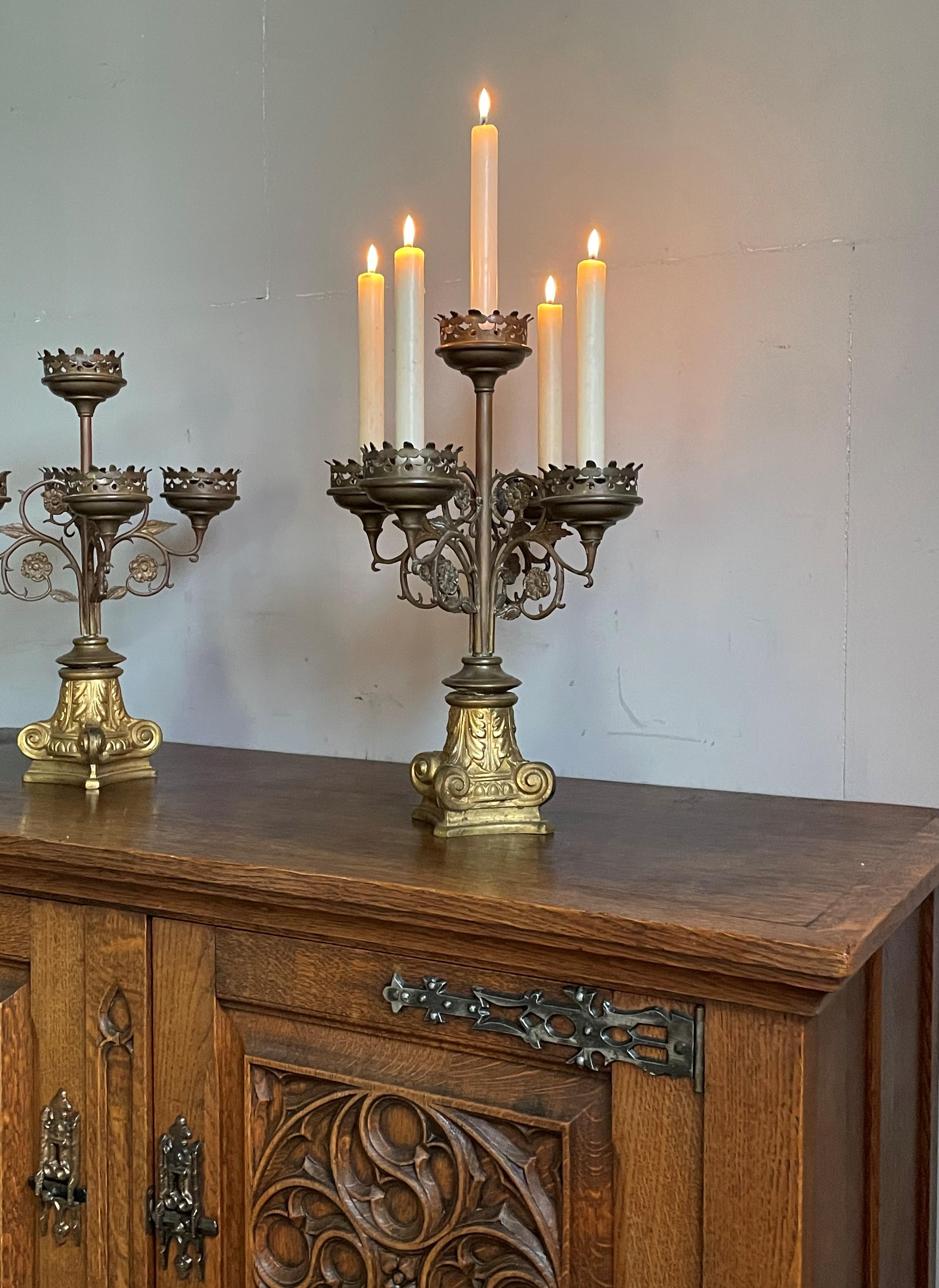 Antique Gothic Revival Pair of Bronze & Brass Table Candelabras / Candle Stands 9